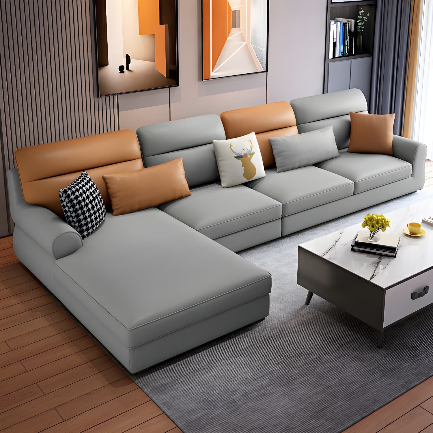 Large Modern L-Shape Stationary Wood Sectional Sofa with Round Arm and Cushion Back thumbnail 12
