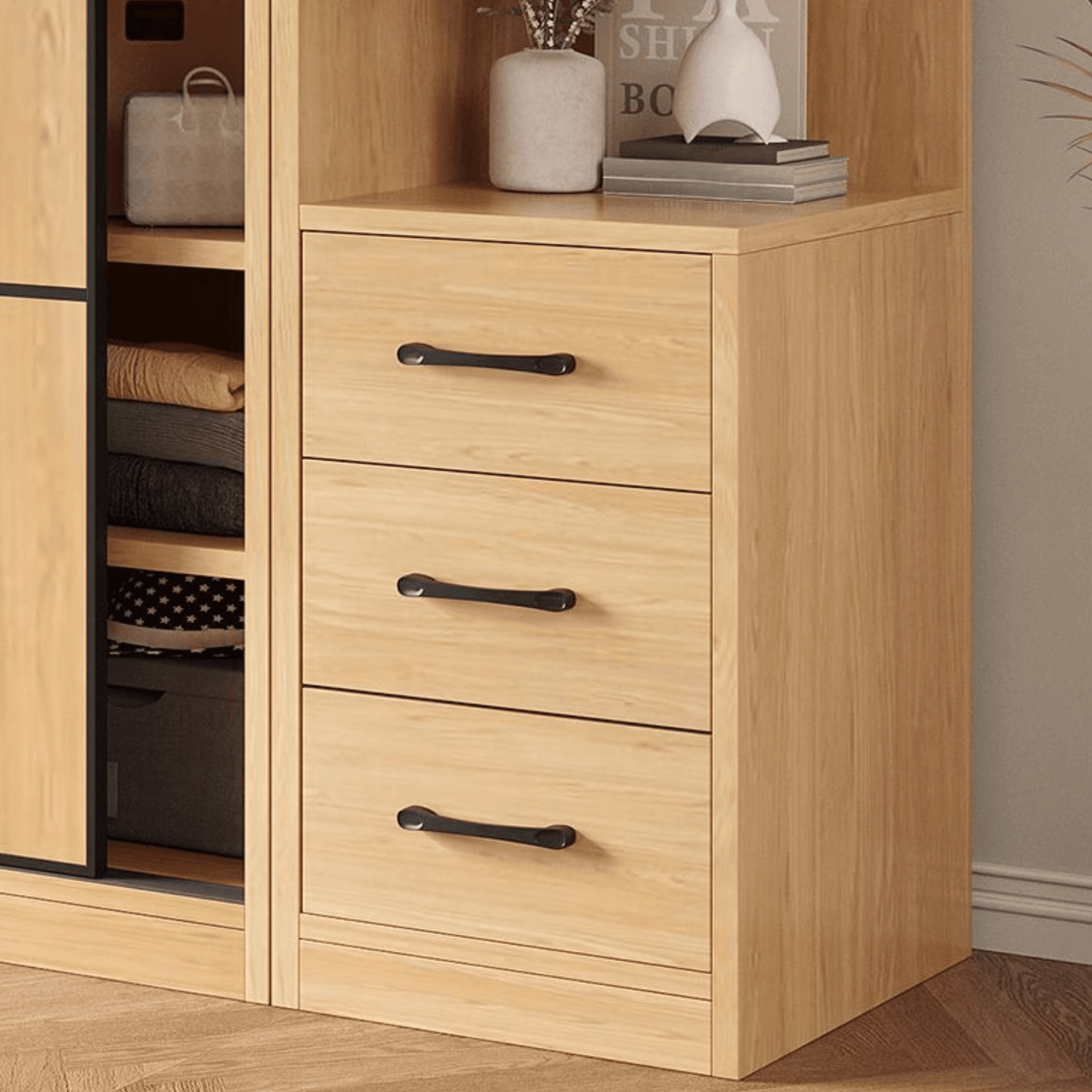 Natural Finish Modern Timber Self-supporting Wardrobe with Soft Close Drawer, Soft Close Door, and Clothing Rod thumbnail 6
