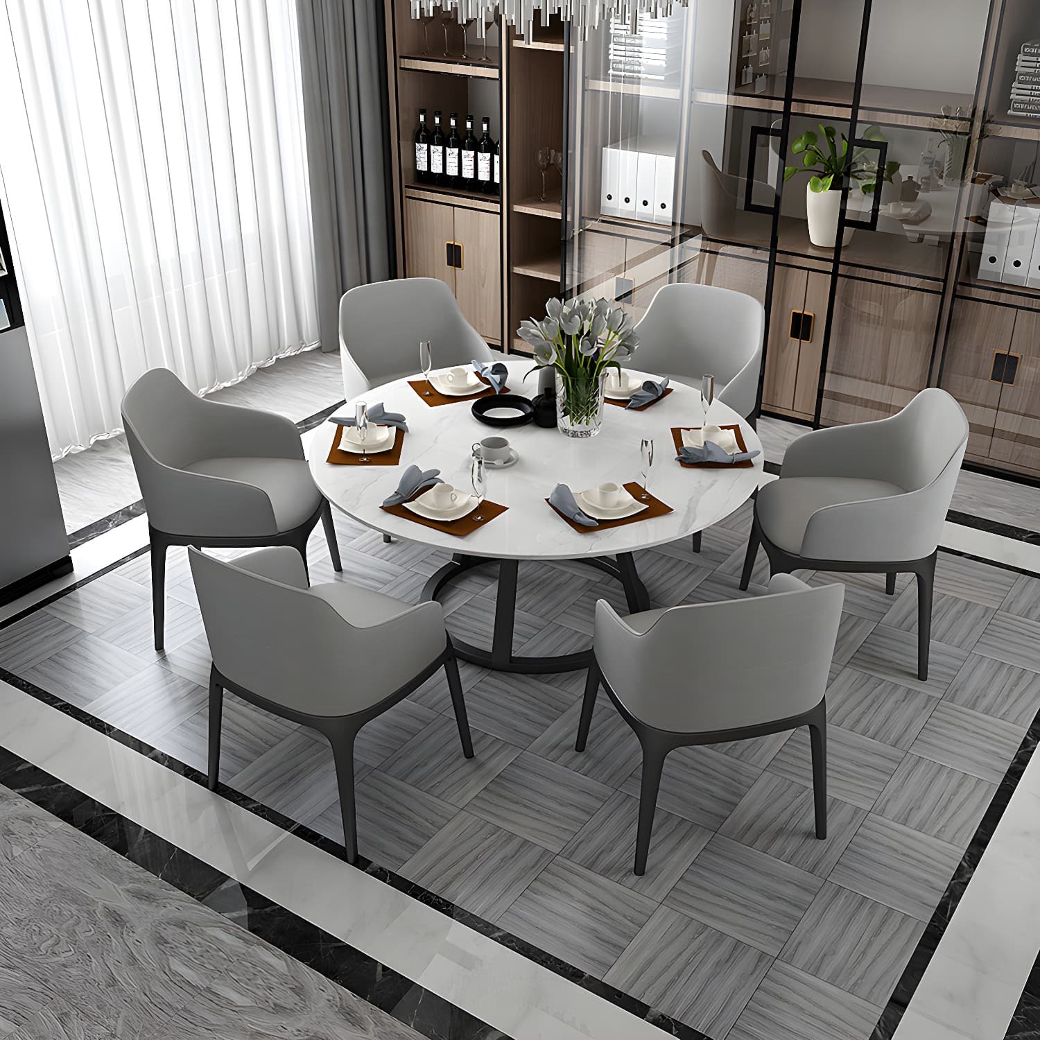 Round Marble Top Dining Table in White Traditional Luxury Dining Table thumbnail 4