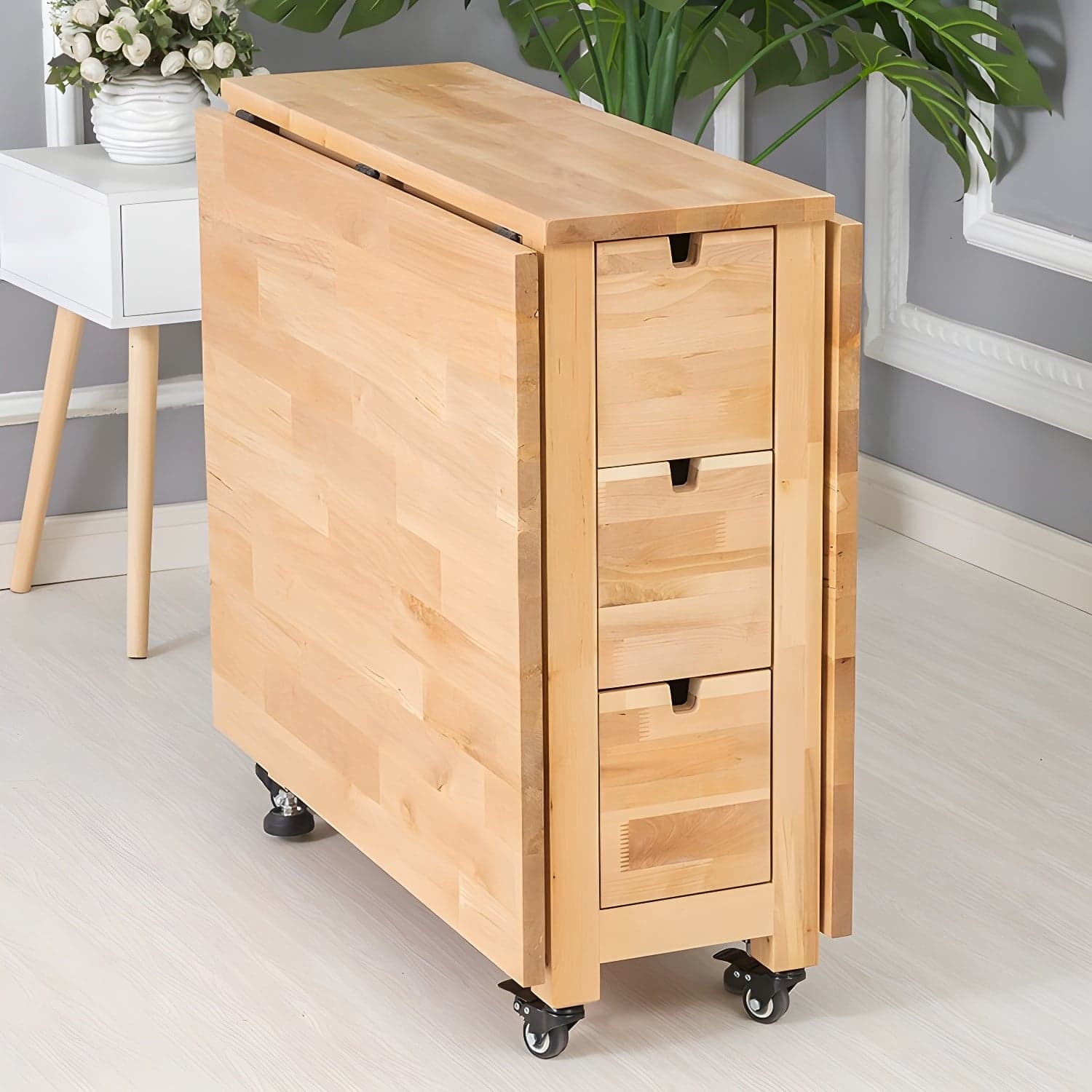Modern Birch Wood Drop Leaf Rectangle Kitchen & Dining Table with Pedestal Base and Storage Included thumbnail 8