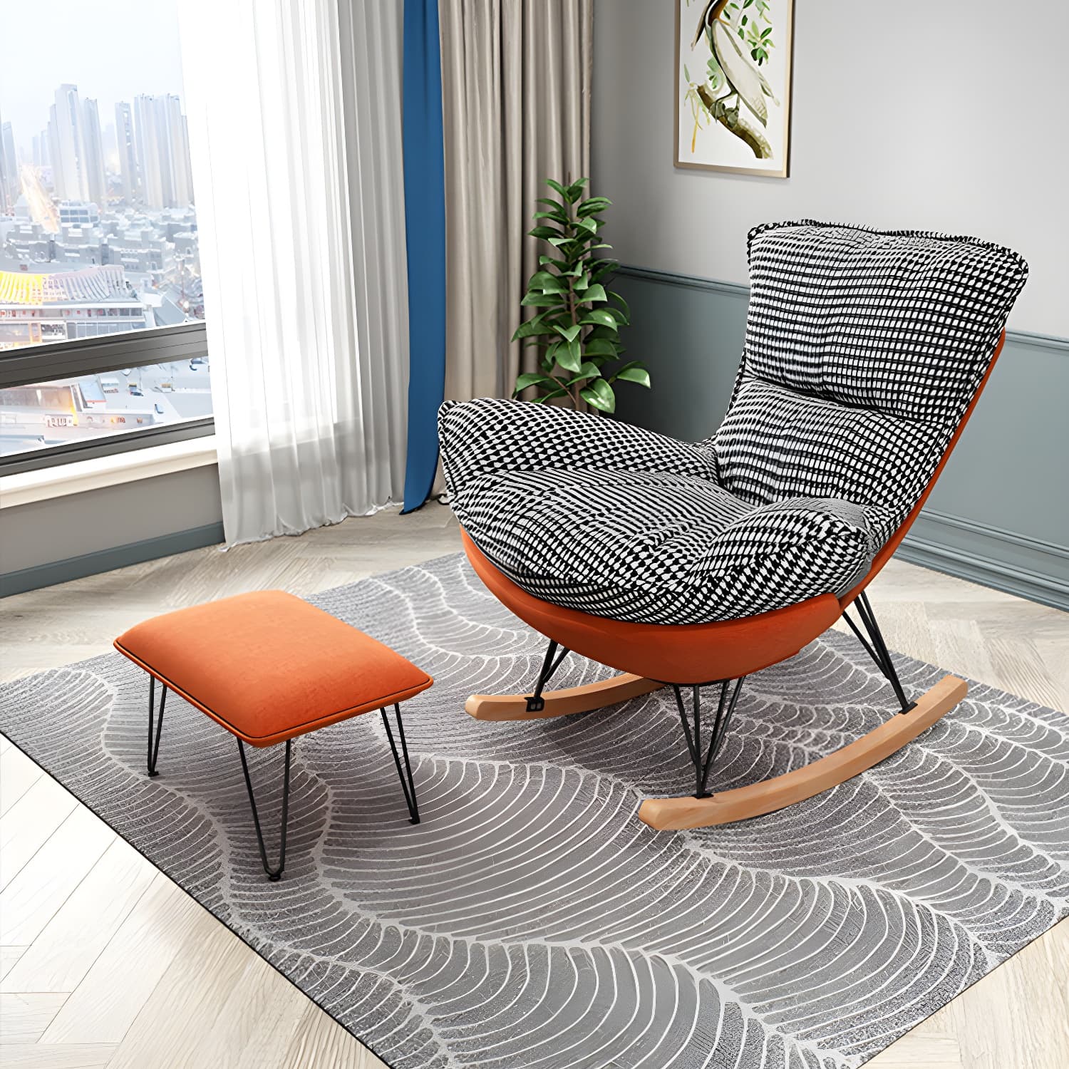 Stylish Modern Indoor Rocking Chair with Ottoman - Upholstered Seat and Natural Wood Legs thumbnail 20