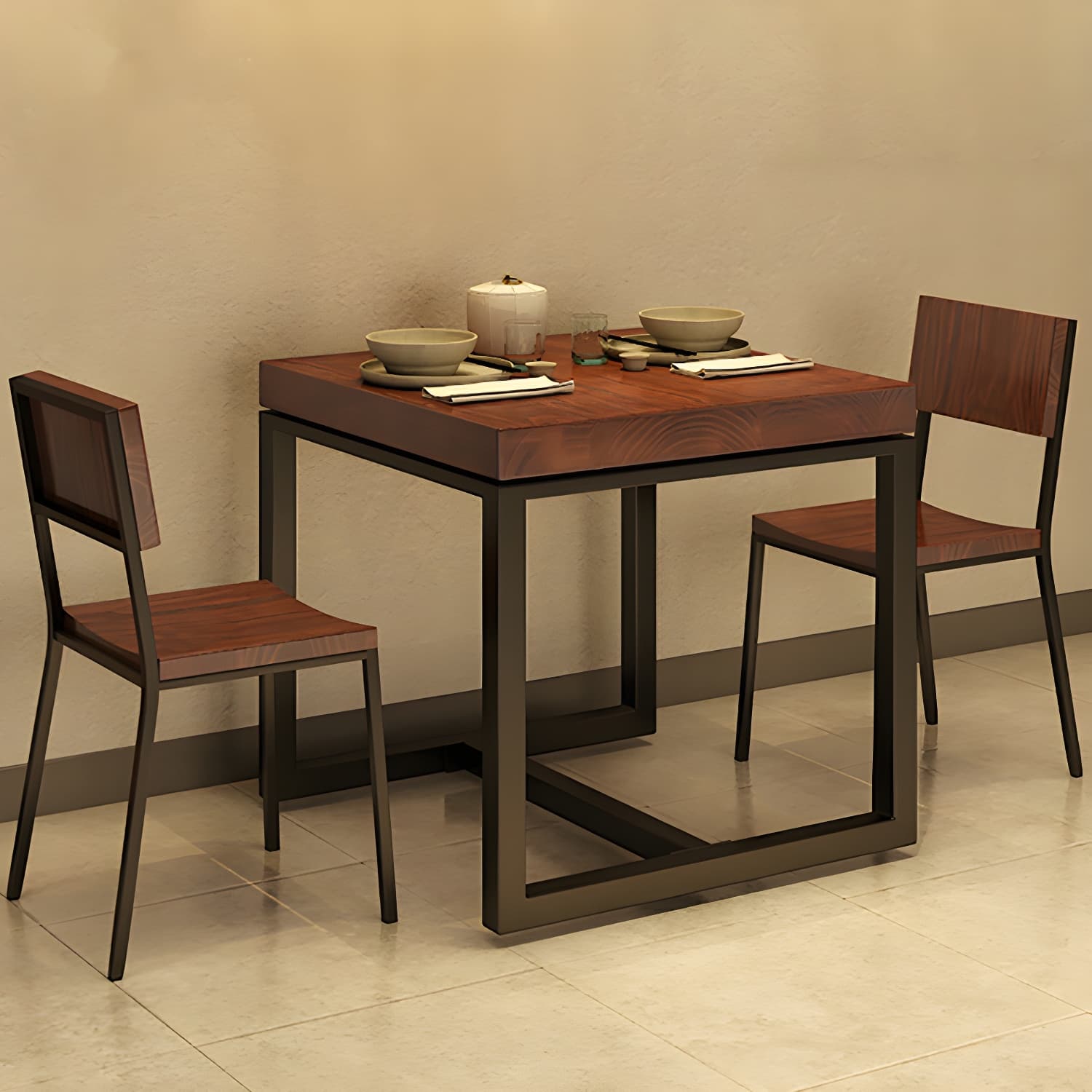 Solid Wood Top Dining Table Industrial Square Black Iron Trestle Base Table thumbnail 12