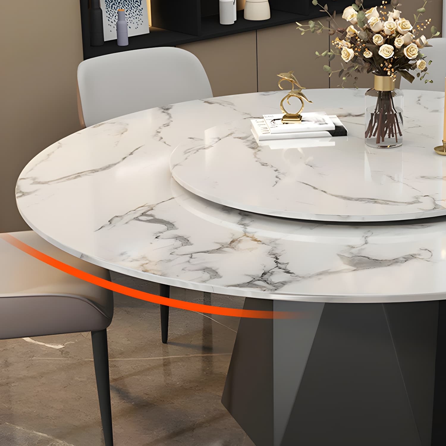 Round White Marble Modern Dining Table with Black Steel Pedestal Base and Convenient Lazy Susan thumbnail 7