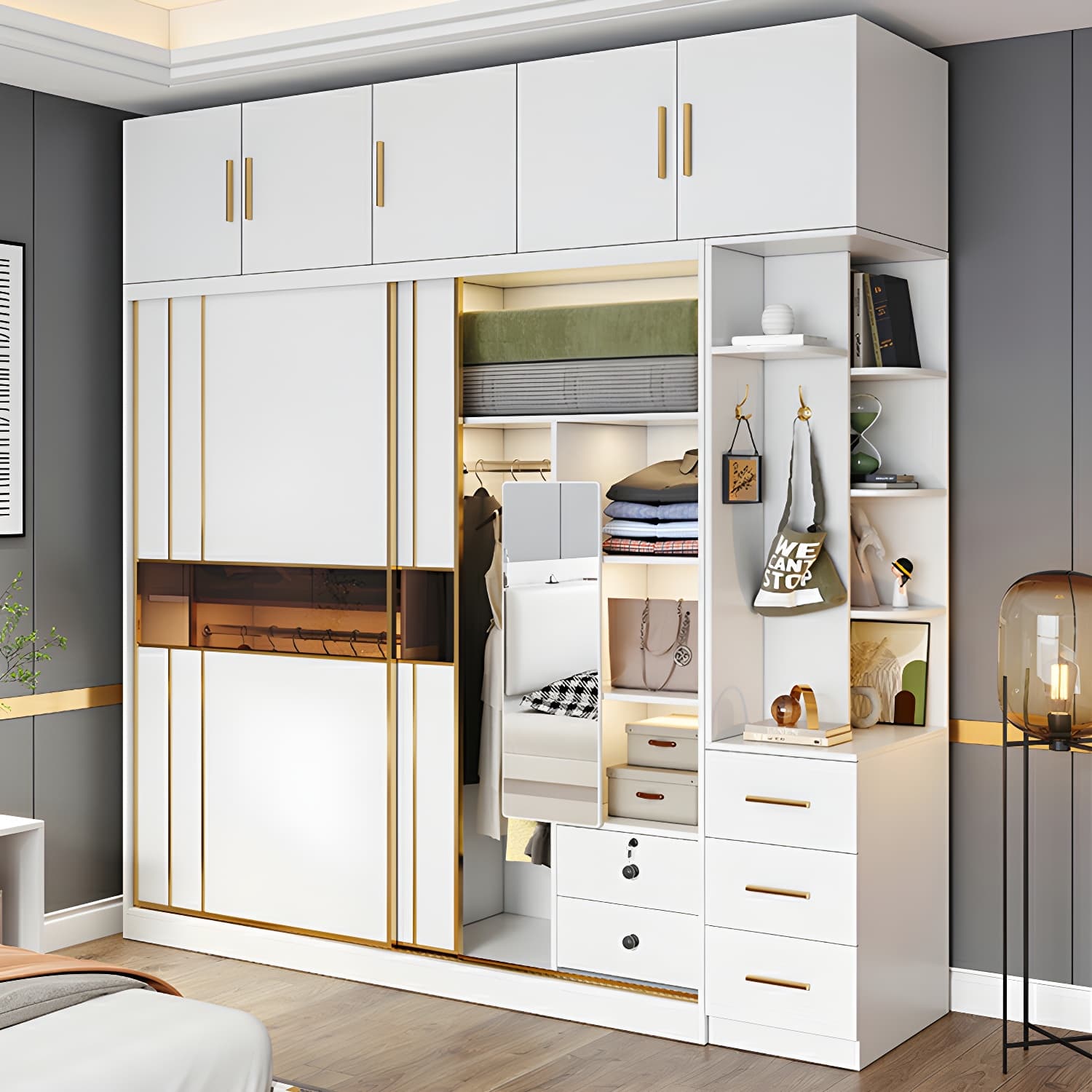 Modern White Wardrobe Armoire with Mirror, Drawers & Clothing Rod thumbnail 10