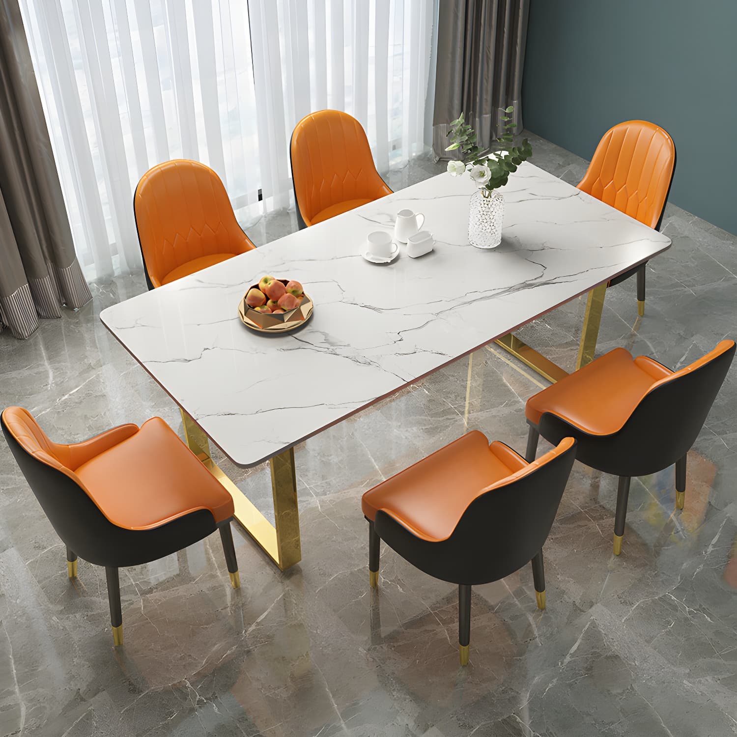 Marble Top Dining Table Modern Rectangle Dining Table with Sled Base thumbnail 1