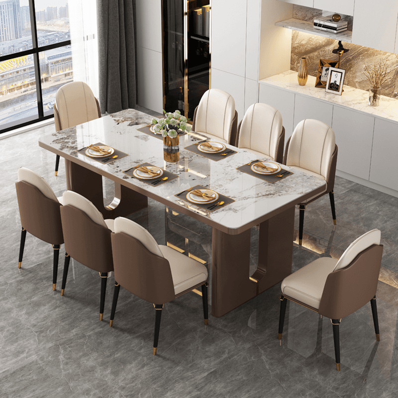Rectangular Slate Dining Table Set with Two-sided Pedestal, Padded Chair, Back, and Multicolor Top thumbnail 1