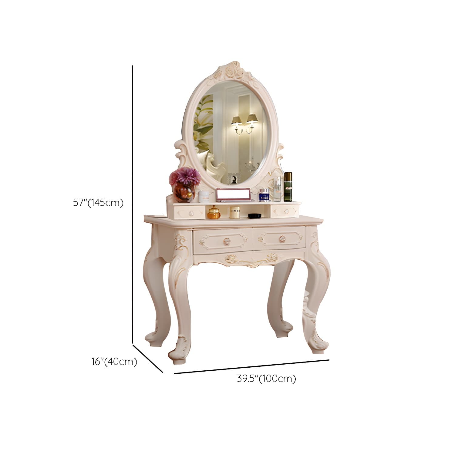 Victorian Bedroom With Drawer Mirror Solid Wood Makeup Vanity Set thumbnail 20