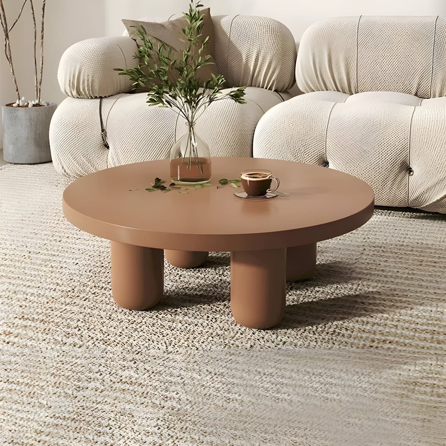 Coffee Cocktail Table 4 Legs Round Wooden Scandinavian Brown thumbnail 1