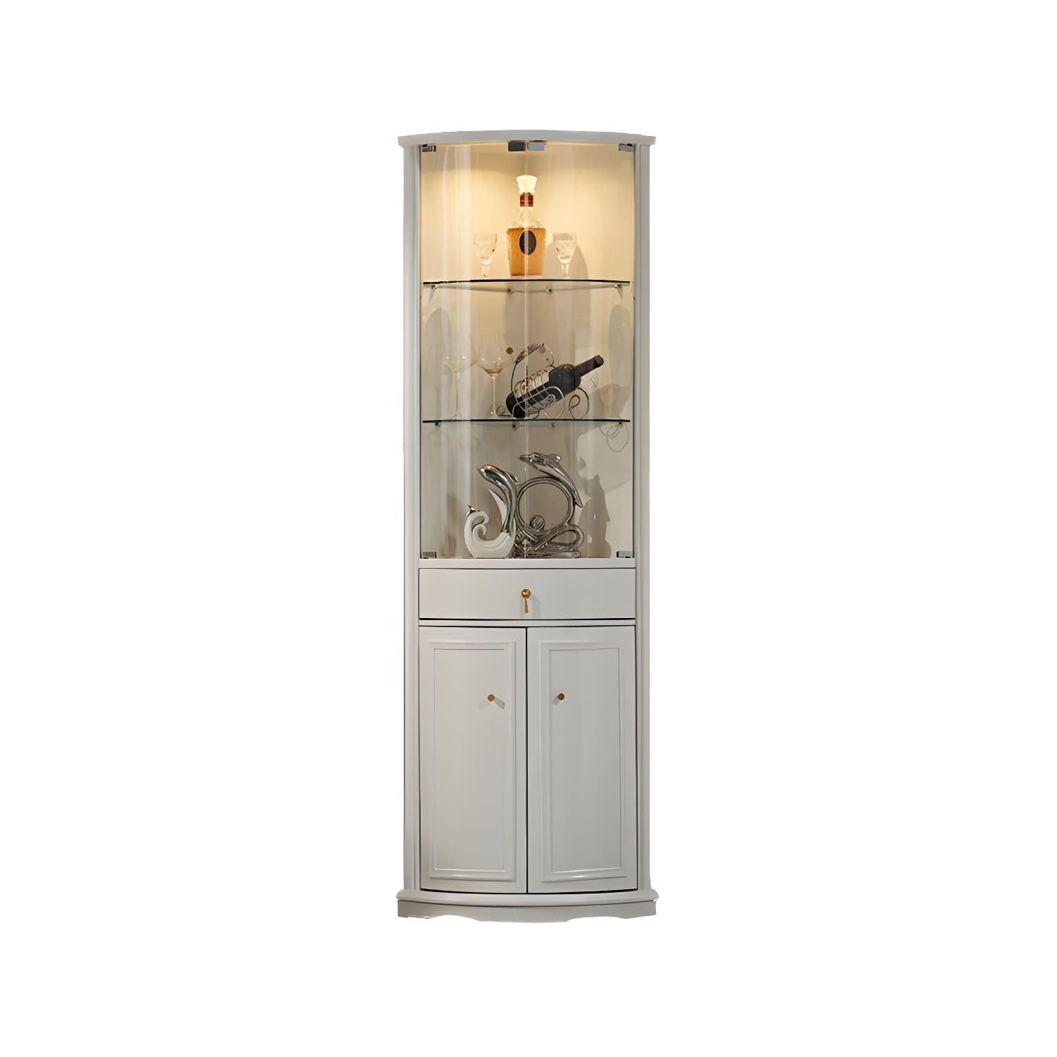 Corner Mid-Century Modern Accent Cabinet with Wood Countertop, Glass Doors, and Drawers Included thumbnail 8