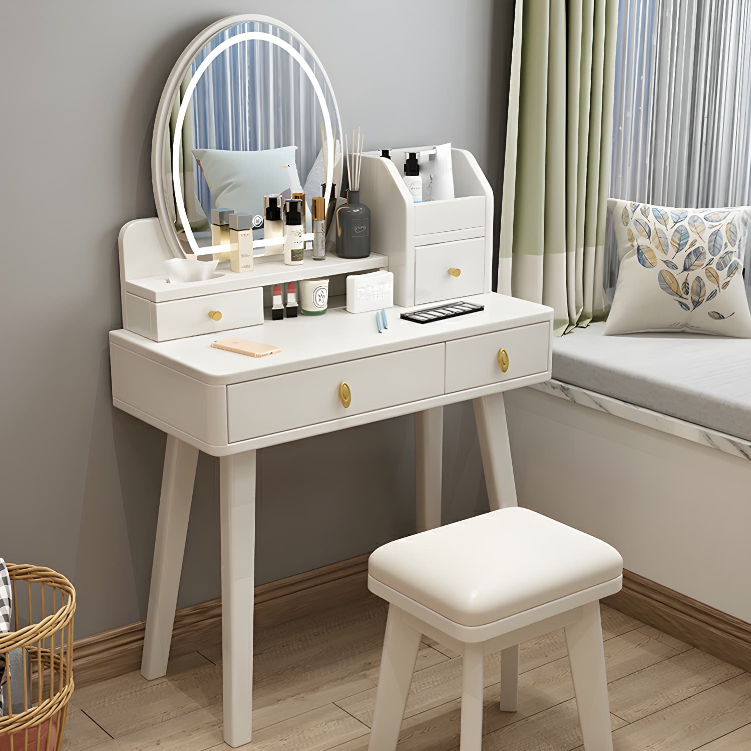 Modern Wood Makeup Vanity with Drawers, Mirror & Upholstered Chair thumbnail 6