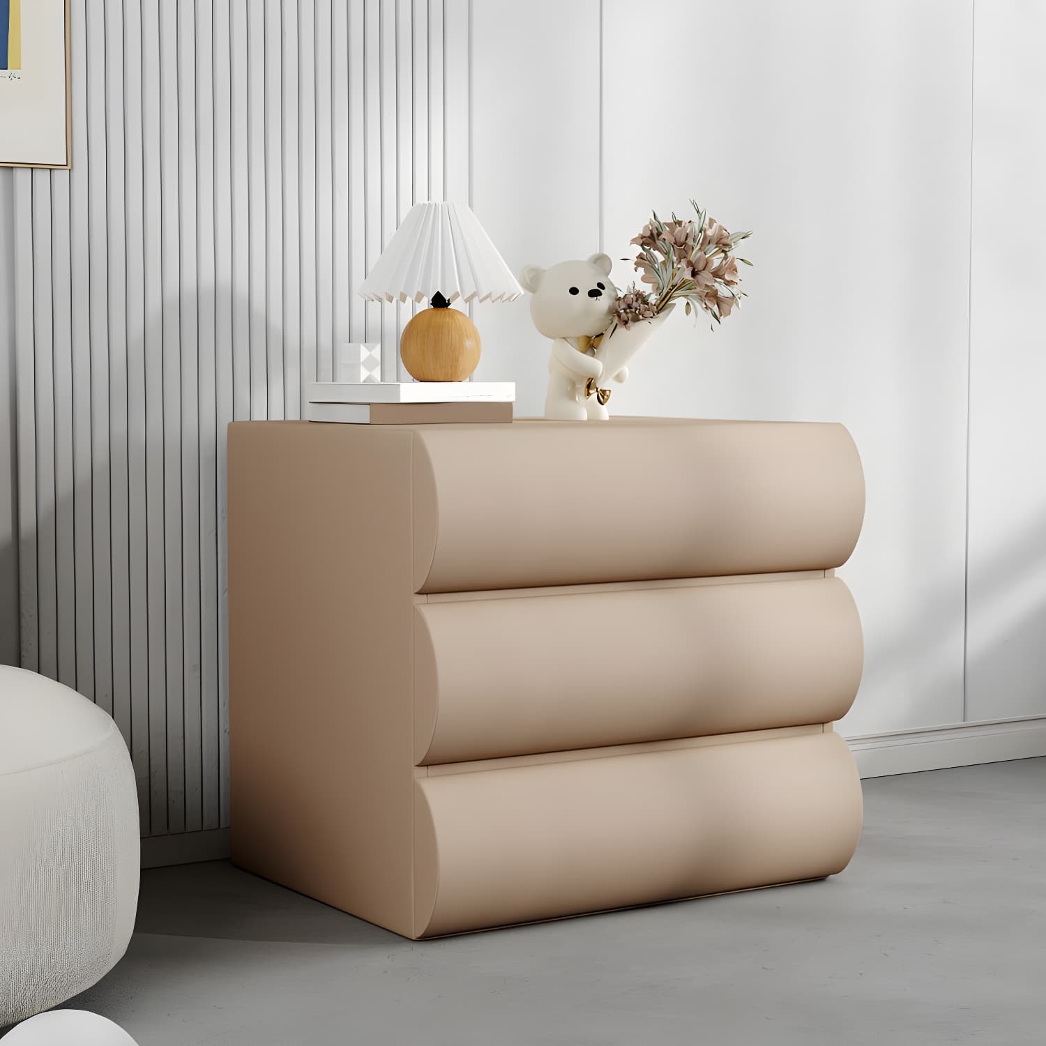Modern Wood Nightstand with Drawer Storage in Faux Leather - Small Size thumbnail 3