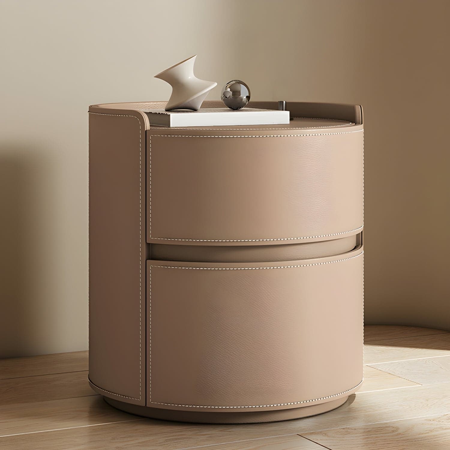 Modern Faux Leather Round Nightstand with 2 Drawers in Under 21 in. Narrow Size thumbnail 5