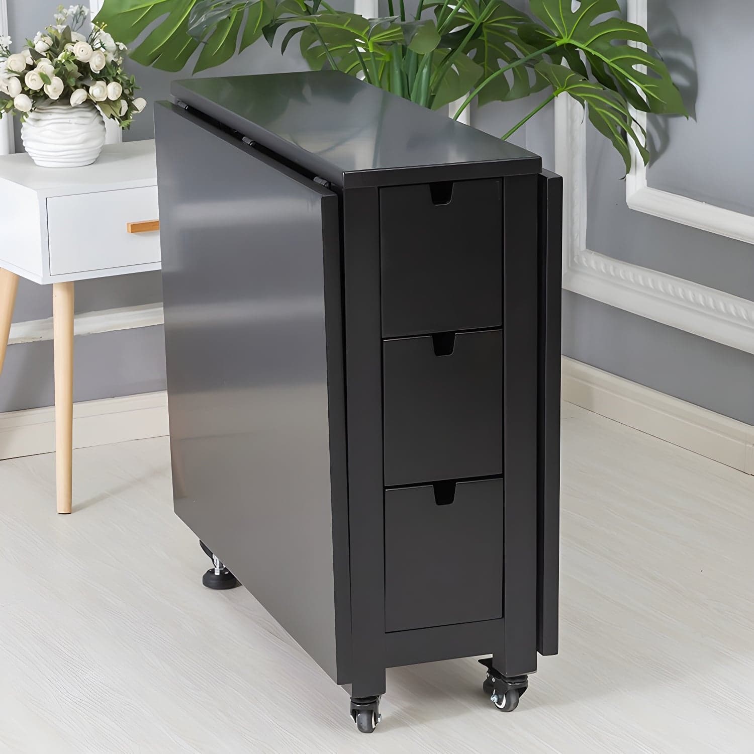 Modern Birch Wood Drop Leaf Rectangle Kitchen & Dining Table with Pedestal Base and Storage Included thumbnail 5