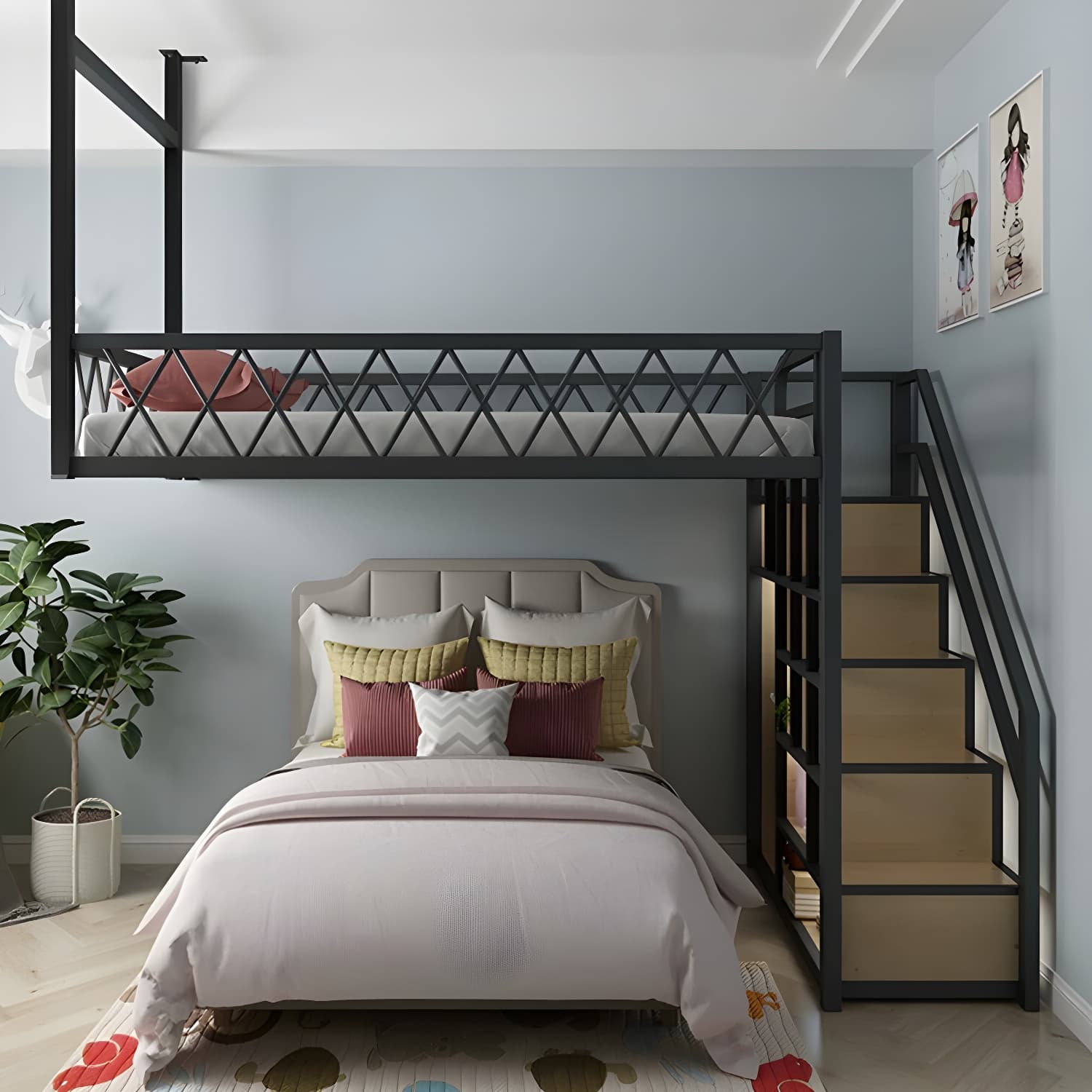 Modern Wood/Metal Bed with Light Wood Tone & Tall Clearance Storage Cabinets thumbnail 11