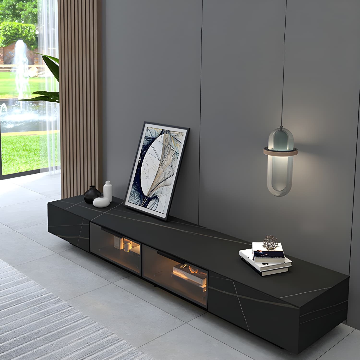 Modern Slate TV Stand White Closed Storage TV Console with Sensor Light thumbnail 3