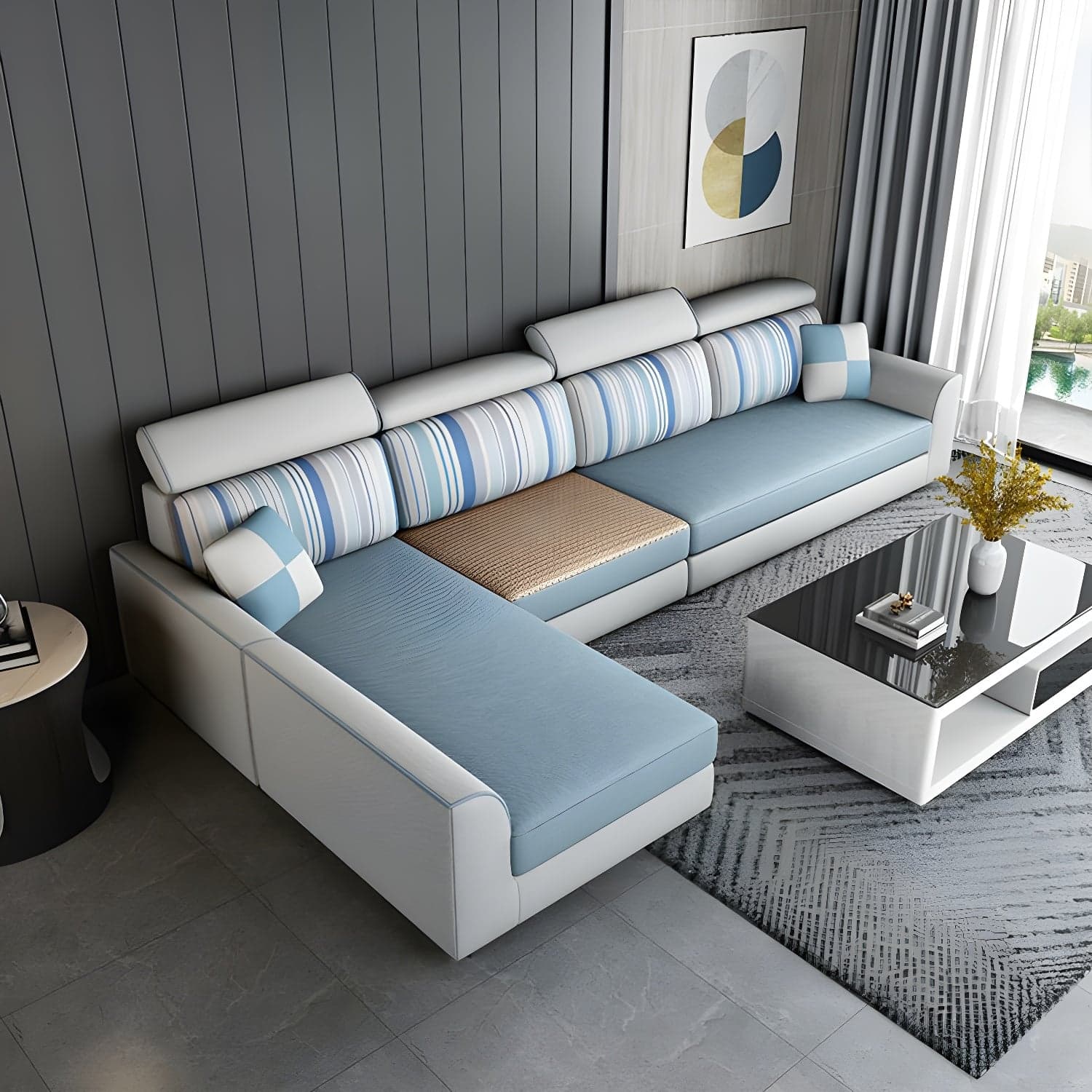 Modern L-Shape Reversible Wood Frame Sectional Sofa Chaise Set thumbnail 9
