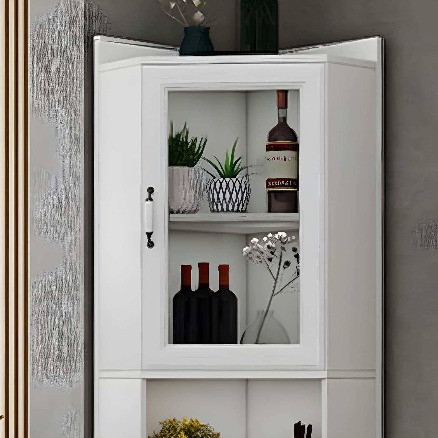 Modern White Corner Accent Cabinet with Glass Doors and Adjustable Interior Shelves thumbnail 4