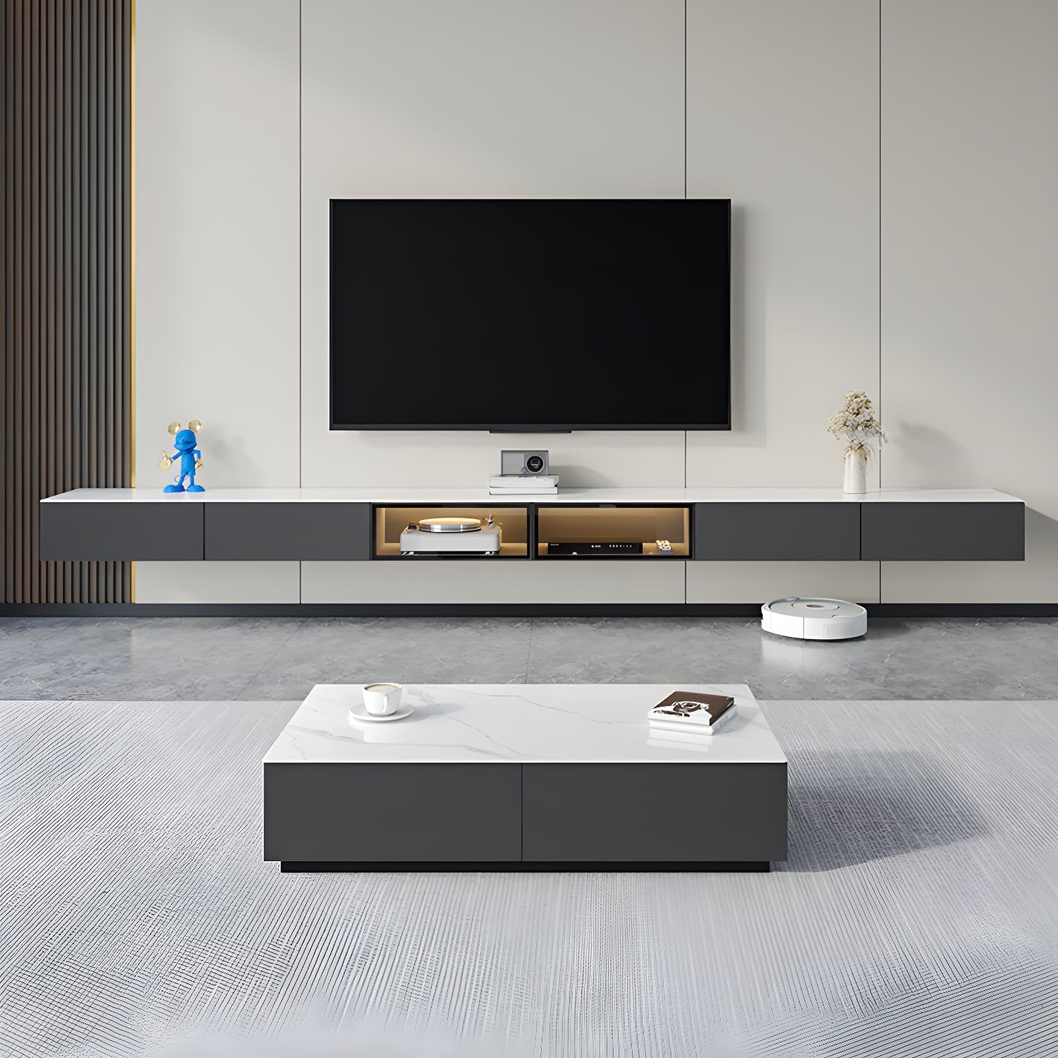 Modern Wall-mounted TV Media Stand Slate Top Wood Frame with Storage thumbnail 1