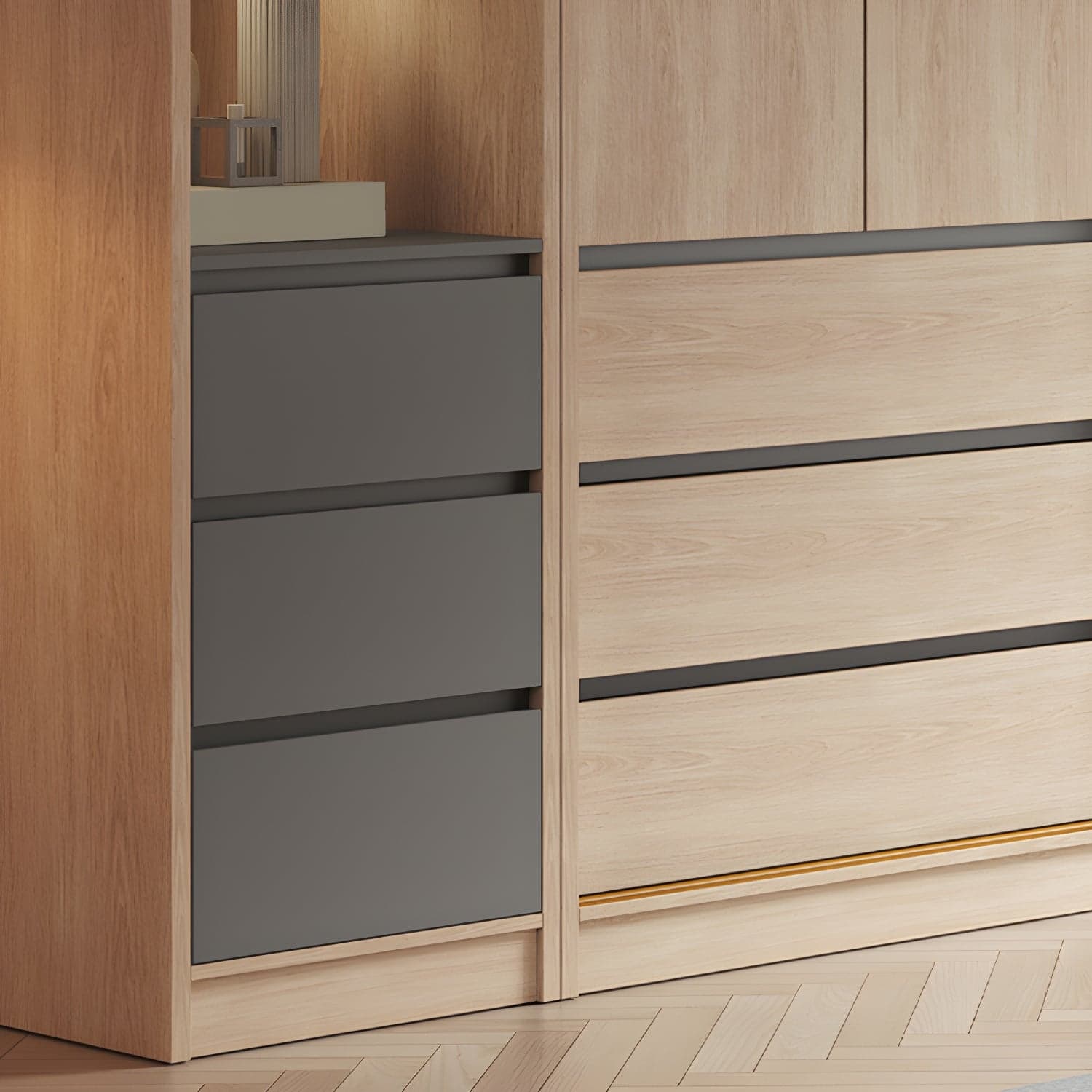 Contemporary Glass Sliding Doors Wardrobe Natural Wood Wardrobe with Drawers thumbnail 8