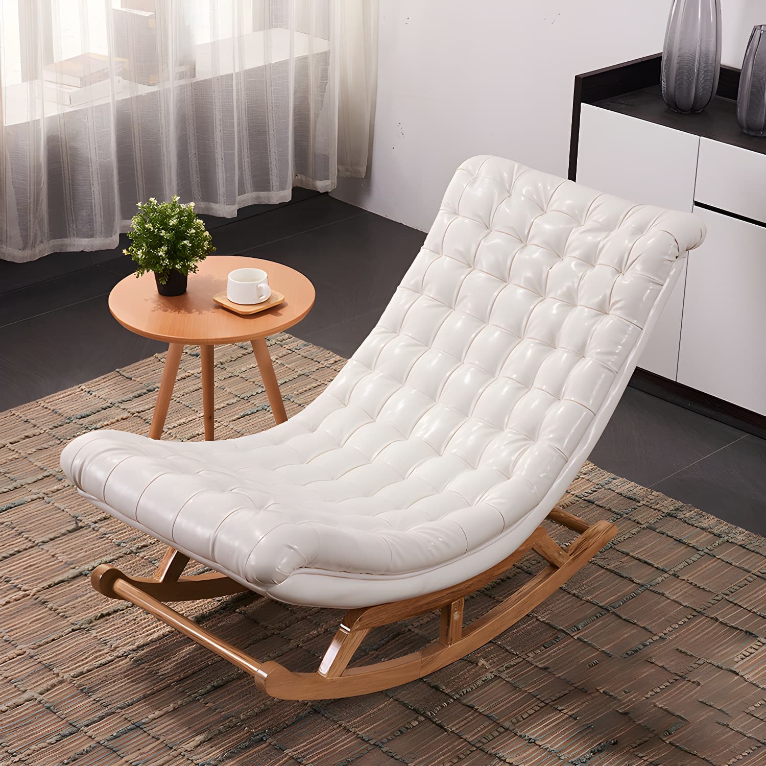 Indoor Leisure Chaise Chair Modern Wooden Upholstered Rocking Chair thumbnail 10