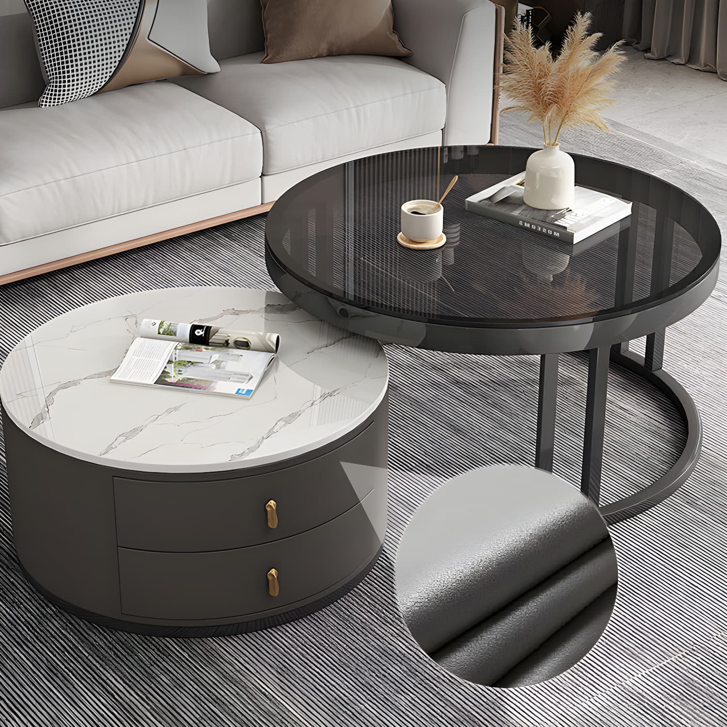 Round Nesting Coffee Table Set Frame Modern Storage Coffee Table thumbnail 18