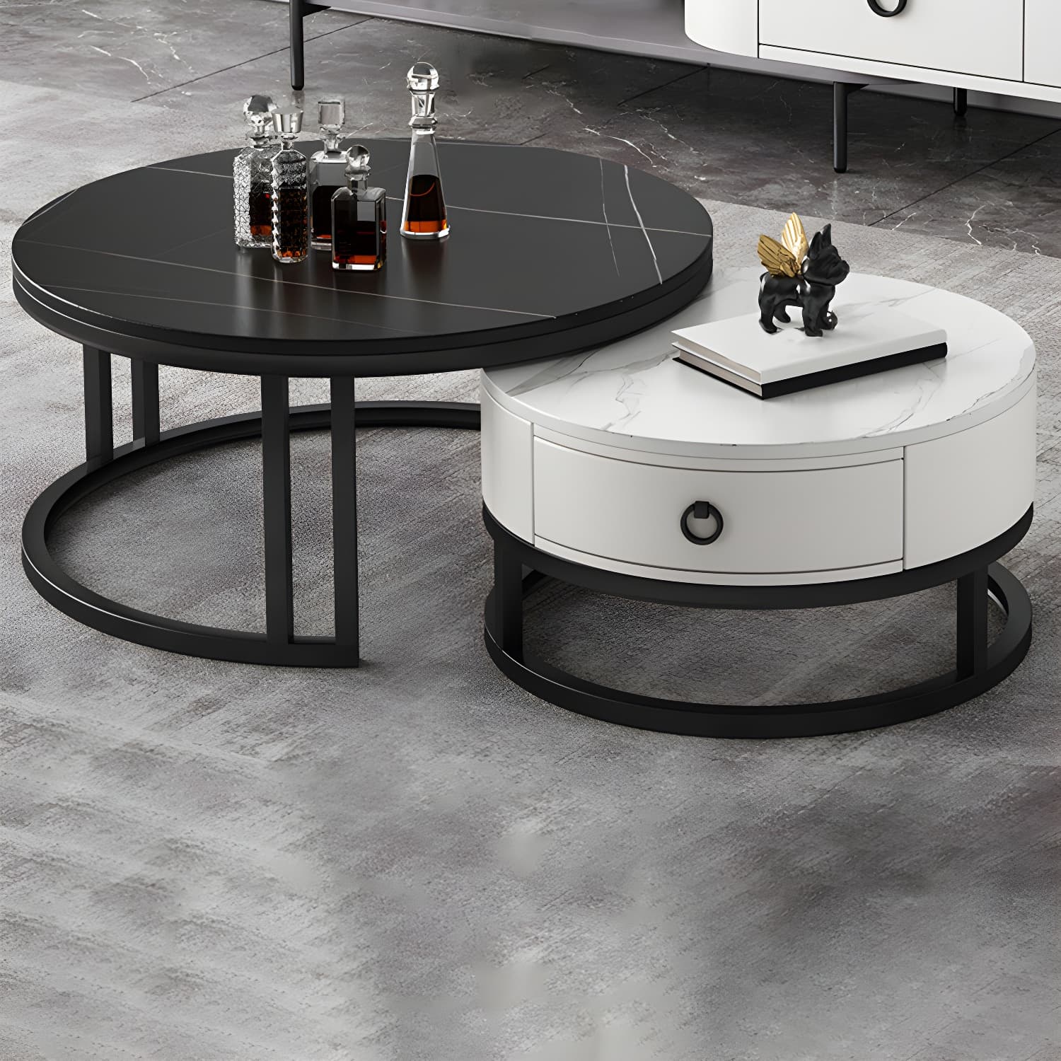 Modern Nesting Coffee Table Set Frame Round Coffee Table Set with Drawer thumbnail 8