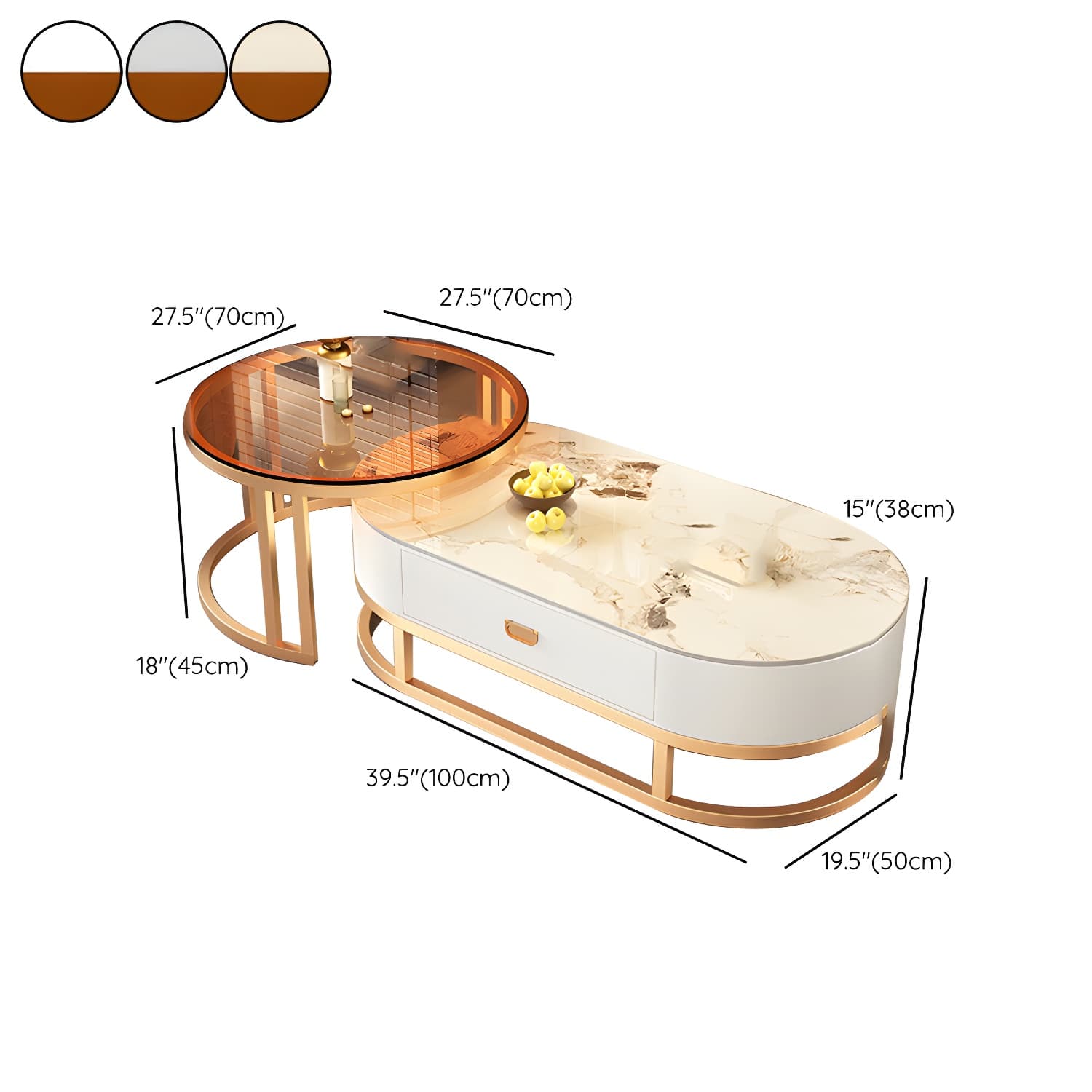 Set of 2 Modern Nesting Stone Coffee Tables with Metal Frame and Drawers thumbnail 16
