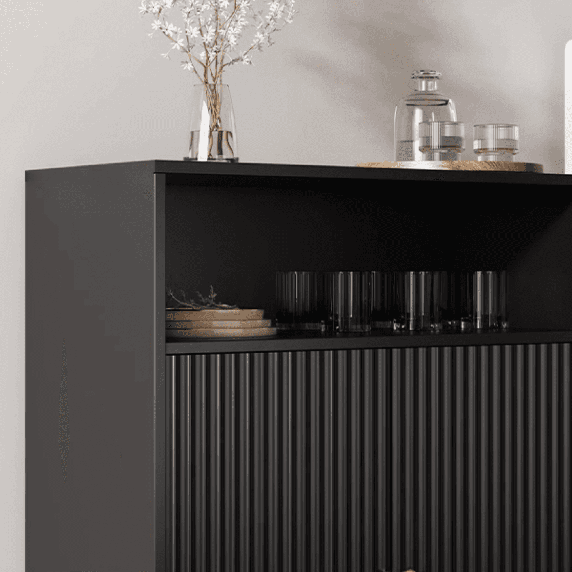 Standard/Narrow Midnight Black Lumber Cupboard 2 Shelves Pantry Hutch Glass-panel Door Sideboard thumbnail 5