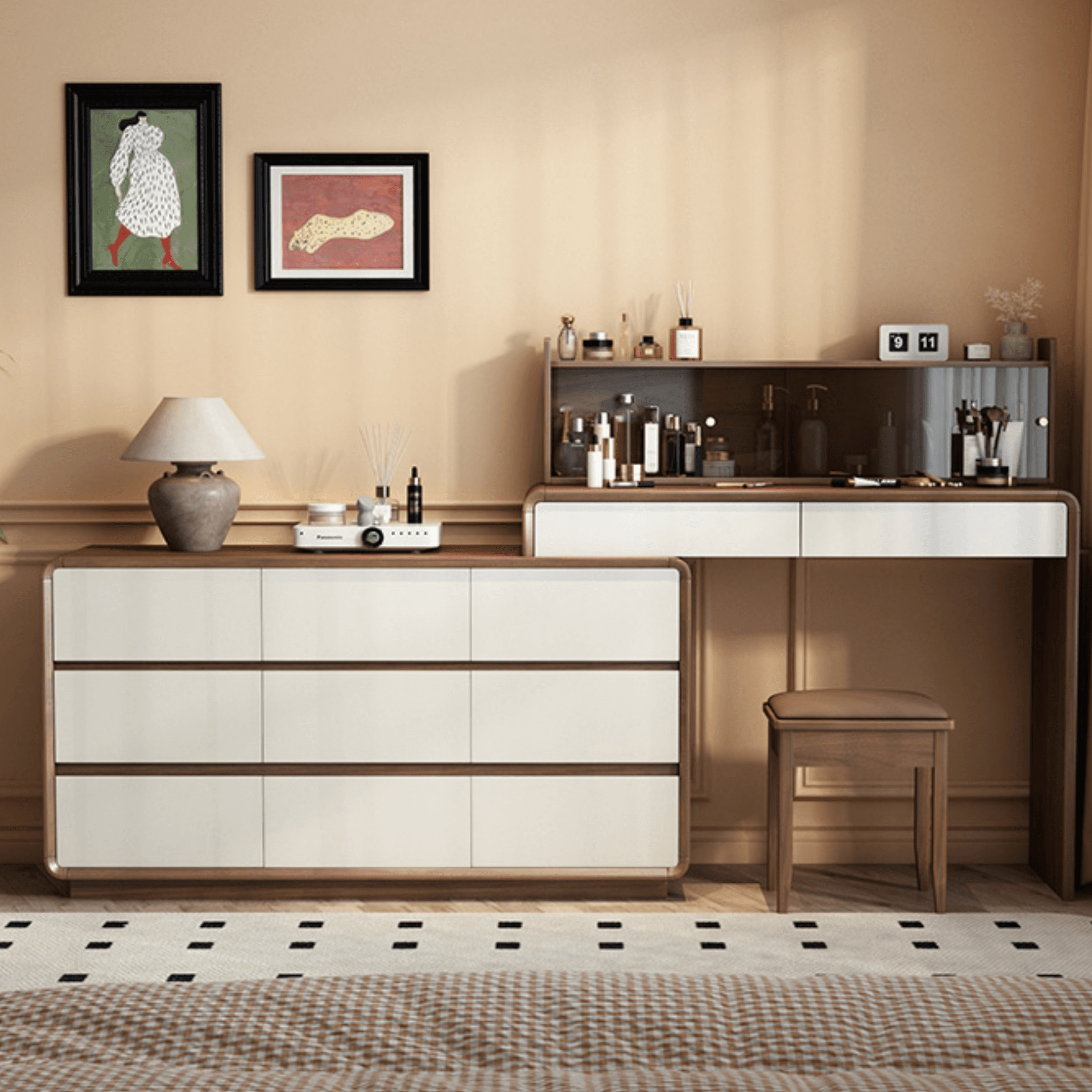 Simplistic Large Vanity Set with Rubberwood Table Top and Auburn Seat, Featuring 8/11/5 Drawers, No Suspension thumbnail 1