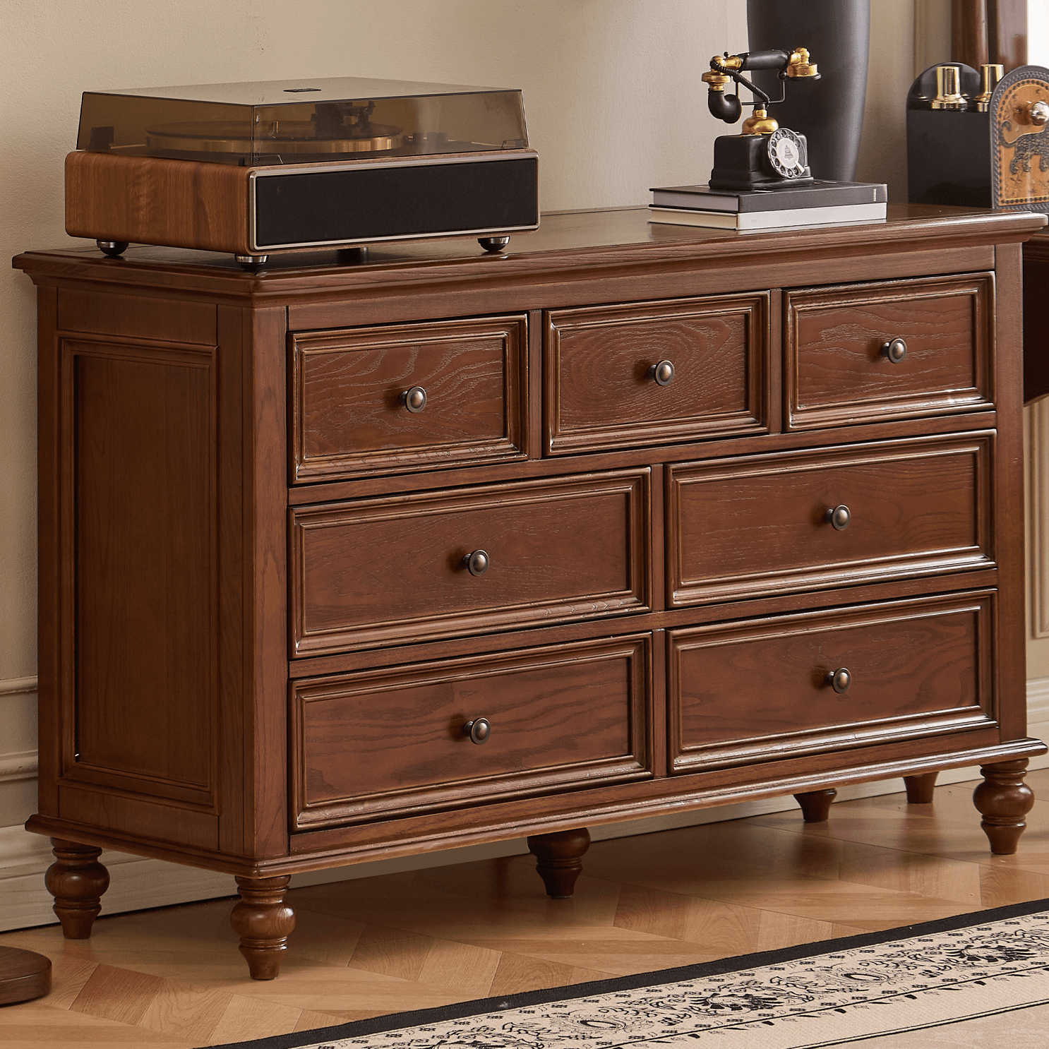 Cocoa Trendy Ash Wood Console Dresser/Semainier with 9/7/6 Drawers, Integrated Cable Management, Horizontal/Vertical