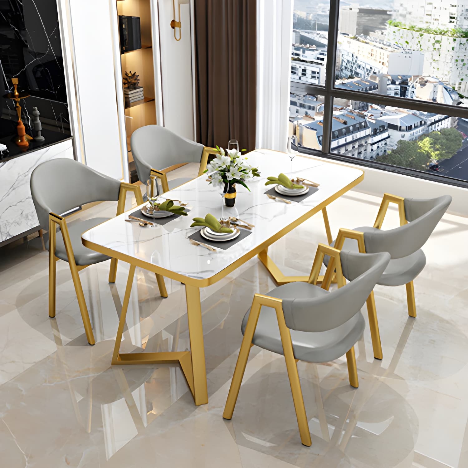 Nordic Traditional Height Sintered Stone Dining Table Rectangle Dining Room Set For Home thumbnail 12