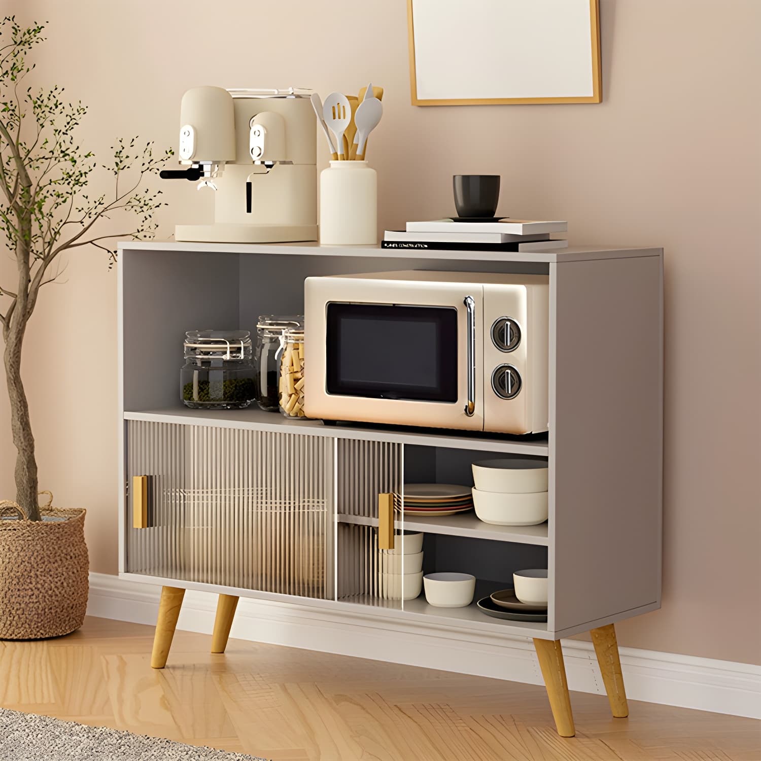 Scandinavian Wood Buffet Table with Acrylic Sliding Doors and Cabinet thumbnail 11