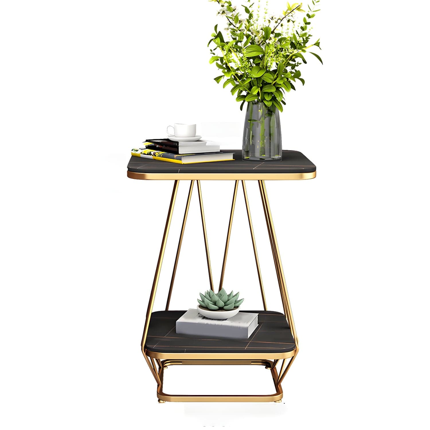 Glam Metal Night Table Stone Top 24'' Tall Open Storage Nightstand with Legs thumbnail 3