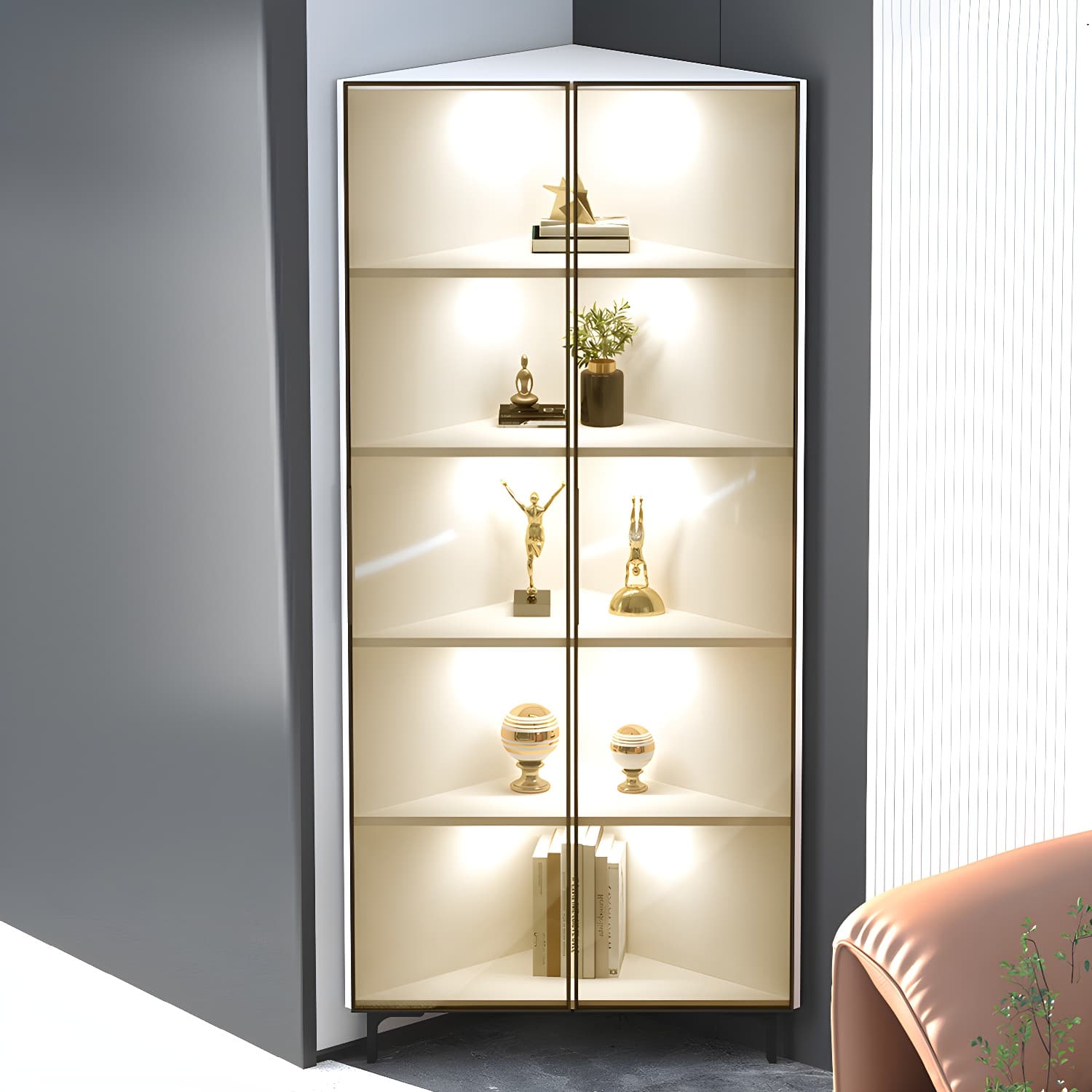 Modern Black Corner Accent. Wood Countertop. Glass Doors. Cabinets included thumbnail 6