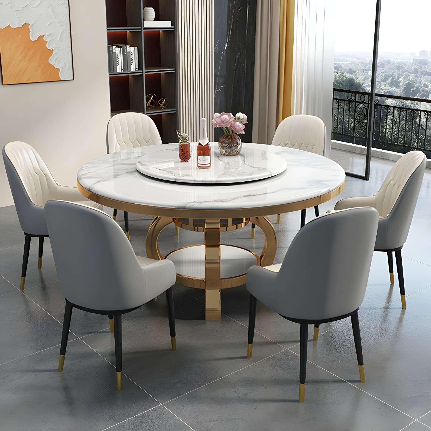 Kitchen 1/7/9/11 Pcs Dining Set with Round Dinette Table and Leather Chairs thumbnail 12