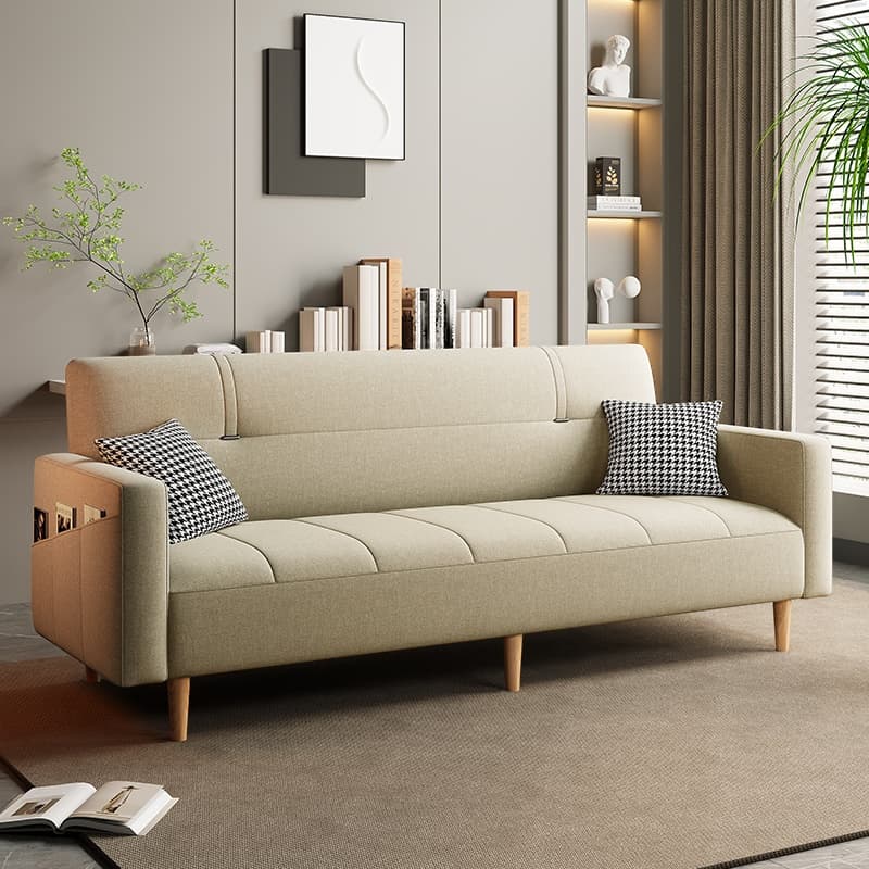 Trendy Solid Color Convertible Sofa in Light Gray/Butter Color/Coffee with Arm, 4-seater/Seats 3/2 People, Receptacle Storage, and 2 Pillows thumbnail 1