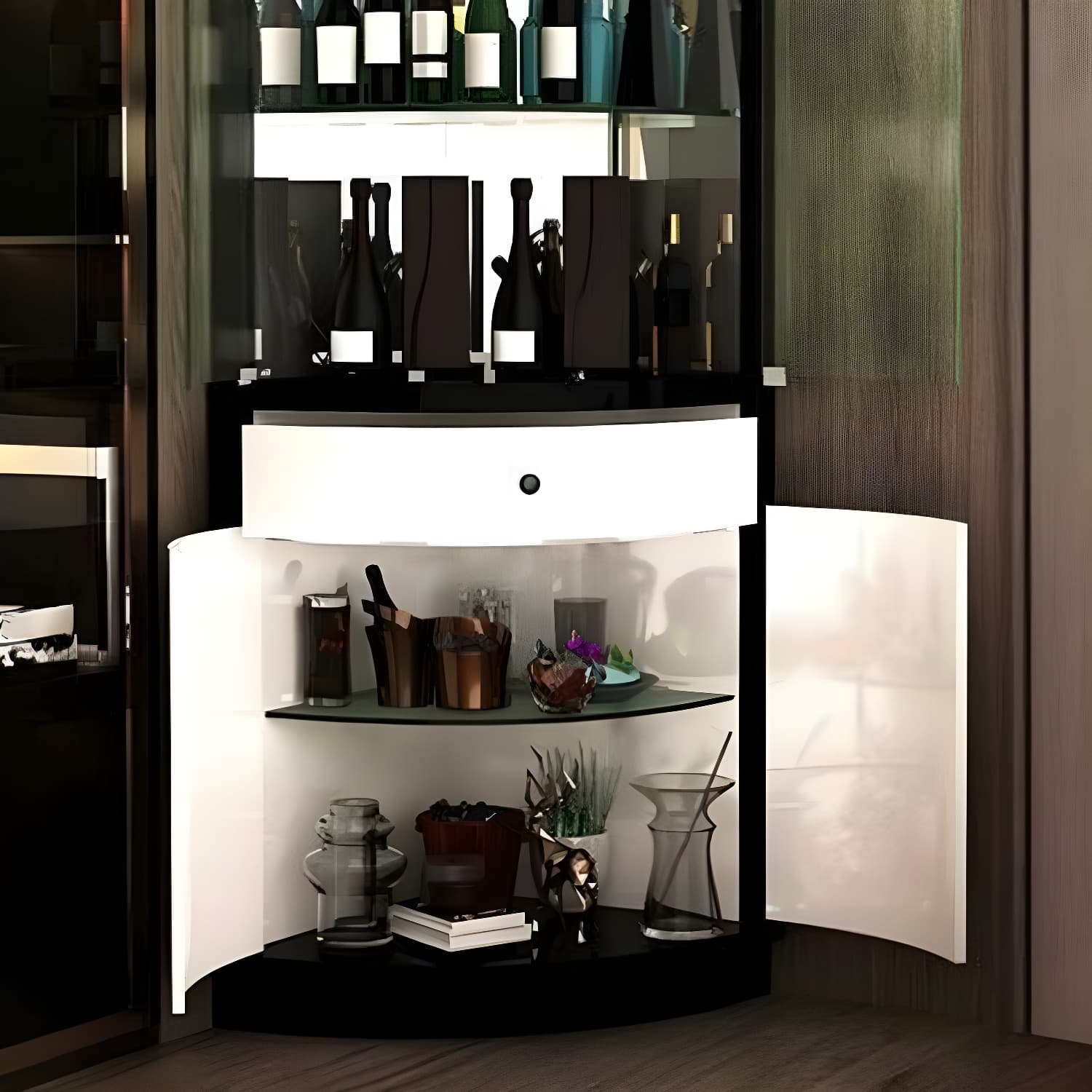 Circular Corner Glass Accent Cabinet with Clear Glass Doors and 3 Shelves thumbnail 6