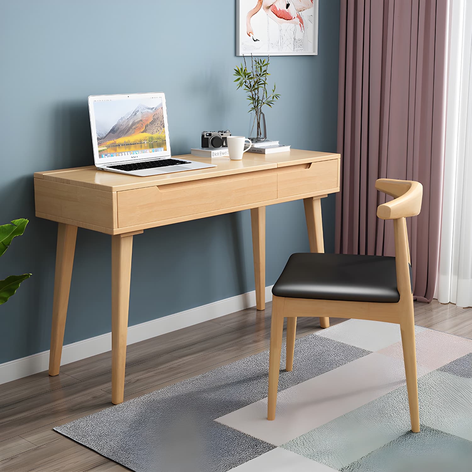 Scandinavian Solid Wood Vanity Makeup Table Set 1 Drawer Flip-Top Dressing Table thumbnail 4