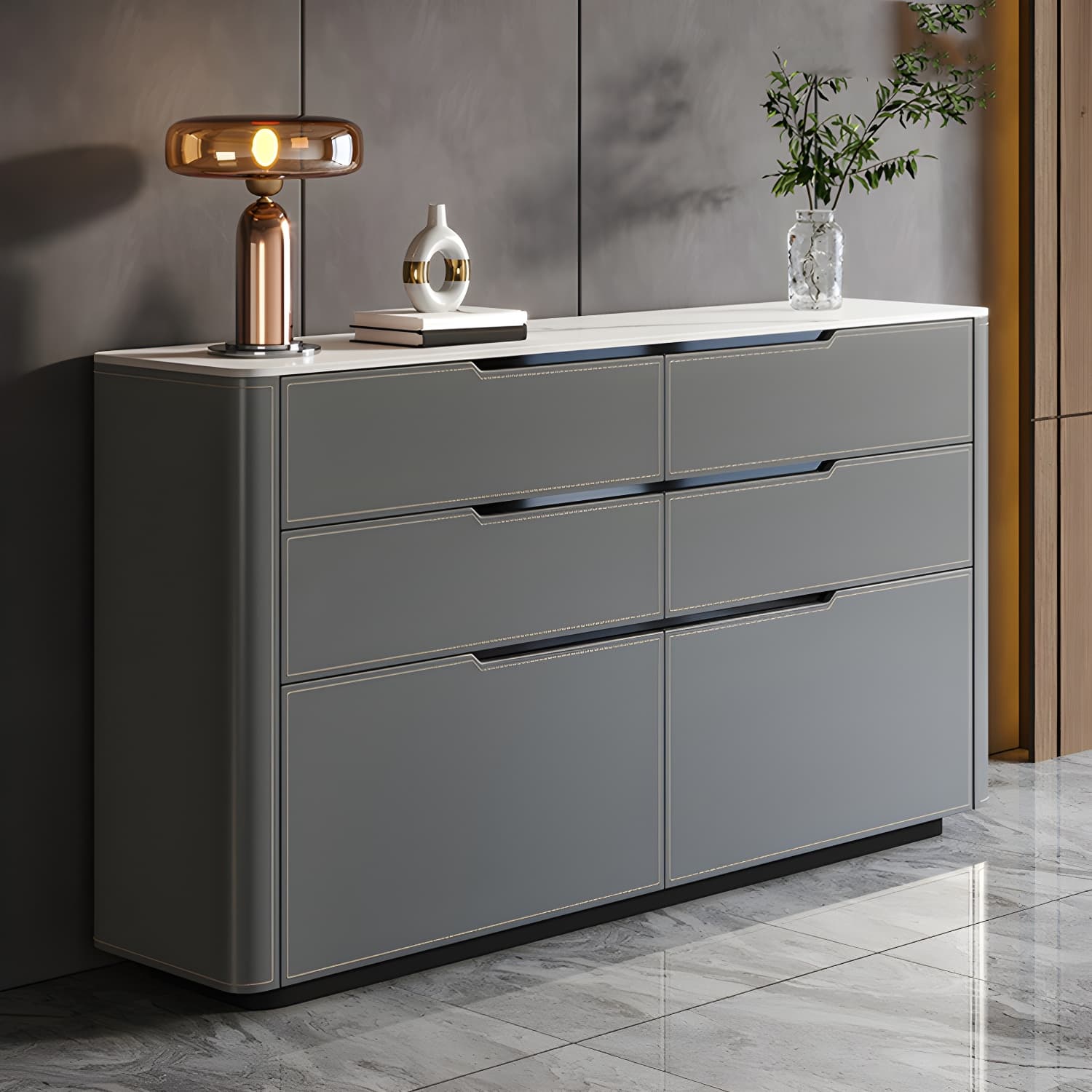 Wood Modern 4-Drawer and 2-Door Storage Sideboard with Stone Countertop thumbnail 4