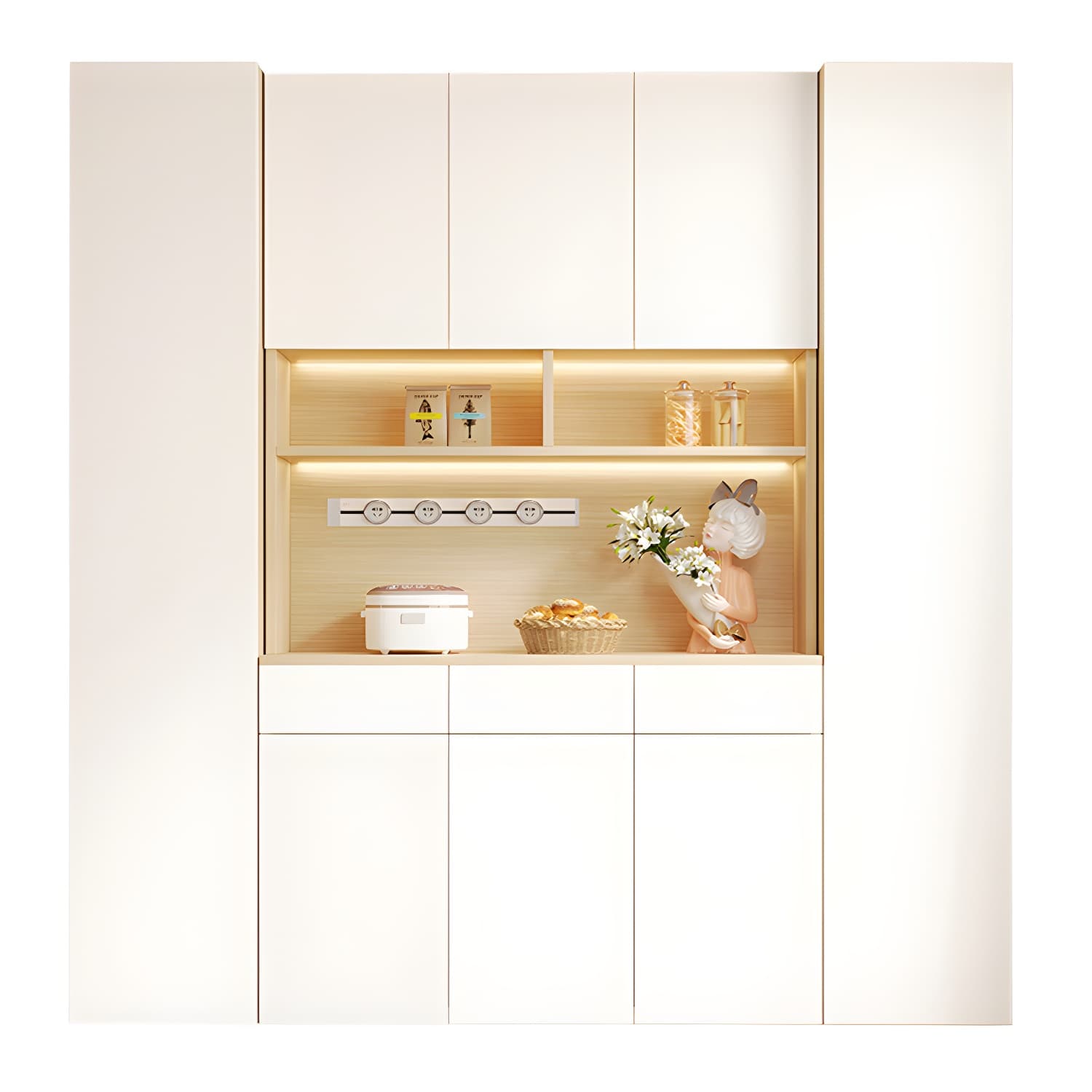 Scandinavian White Wood Buffet Sideboard Cabinet with Cabinets and Shelves thumbnail 7