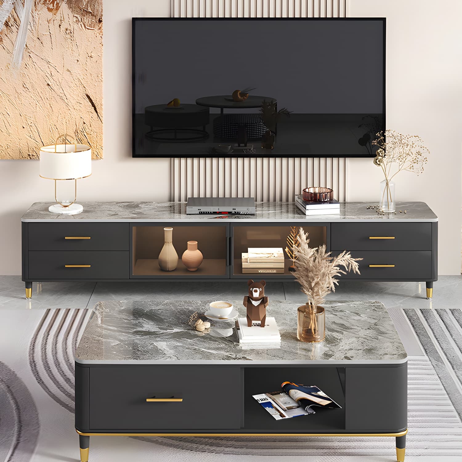 Stone Top Media Console Contemporary TV Media Stand with Metal Legs thumbnail 4