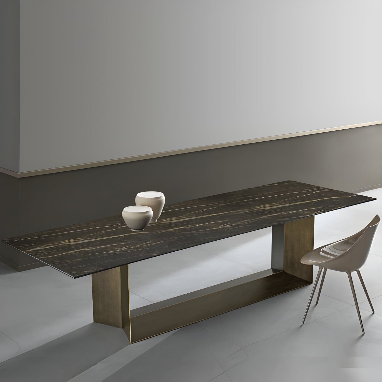 Rectangle Stone and Metal Dining table Modern Trestle Base Dining Table thumbnail 2