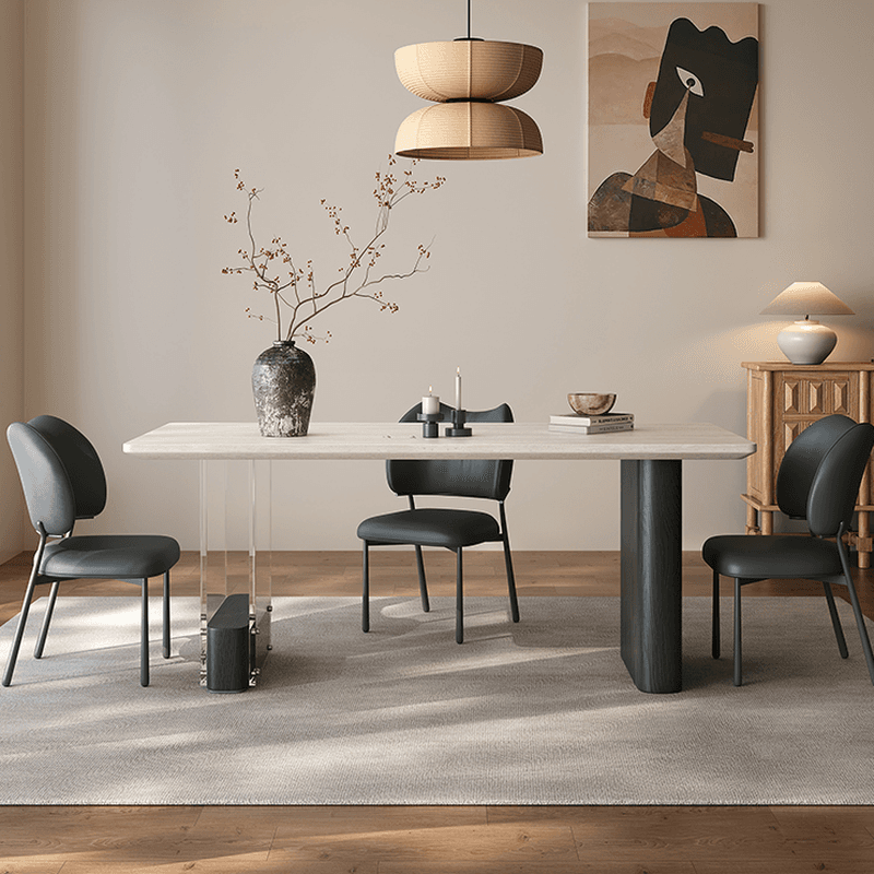Dining Table Set with Rectangular Slate Stone Top and Two-sided Pedestal, Featuring Padded Chair with Back, 5-piece in Ivory thumbnail 4