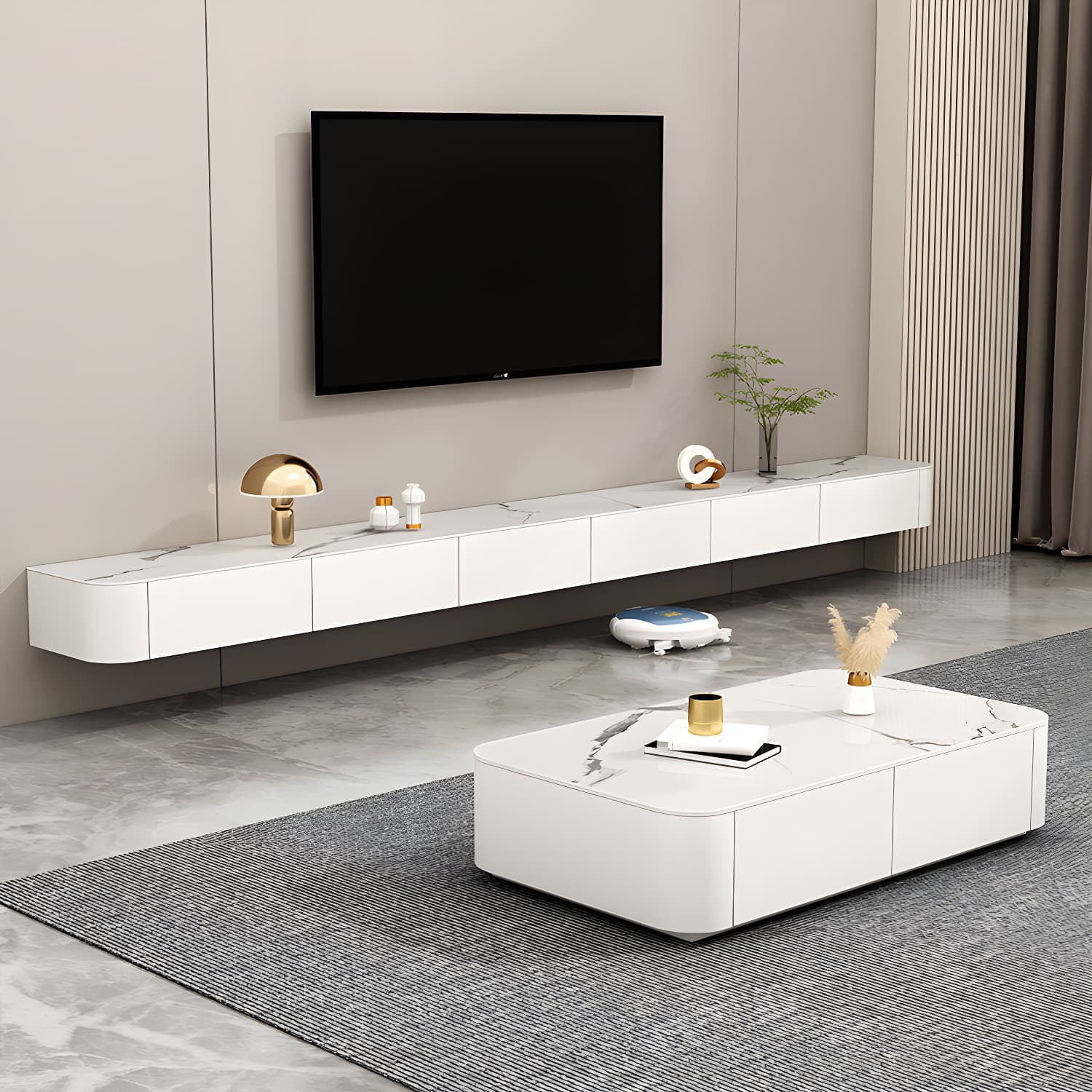 Stone TV Stand Console in Solid Wood with Storage Drawers Contemporary thumbnail 6