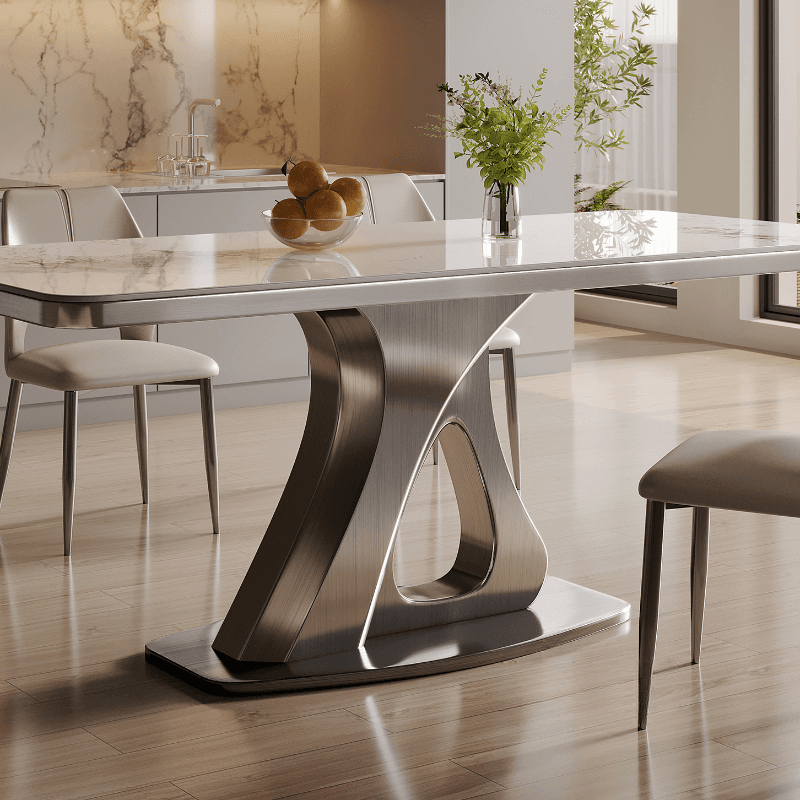 Dining Table Set with Slate Stone Top, Stump Base, Fixed Table, Padded Chair with Back in White thumbnail 3