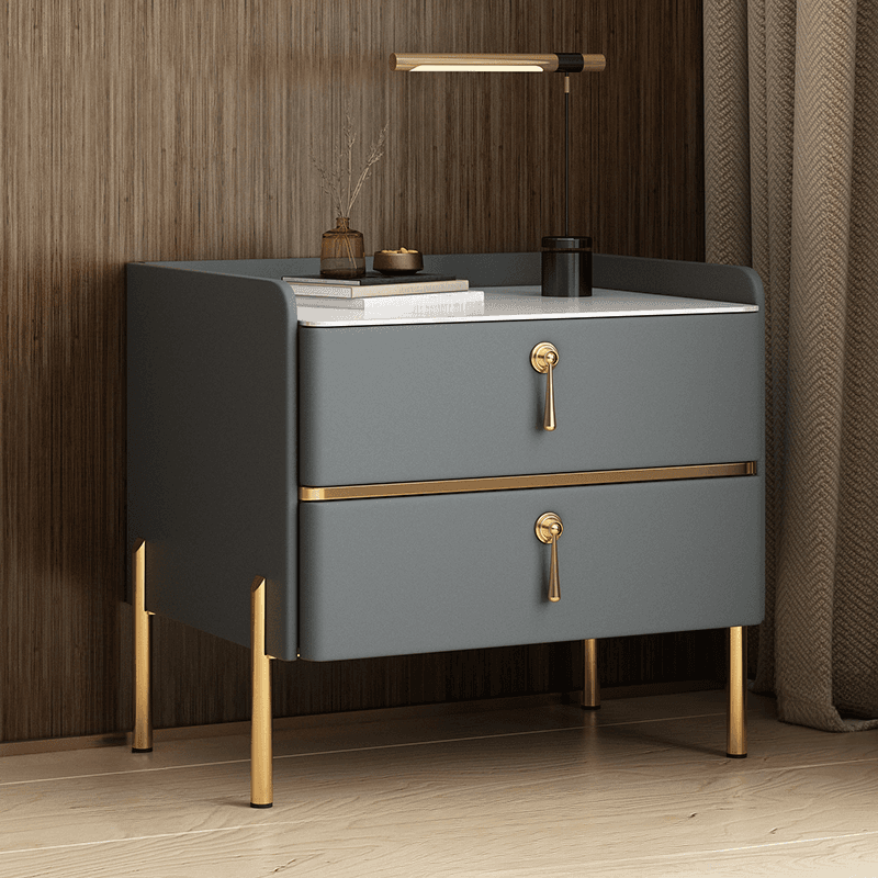 Stylish/Art Deco Drawer Storage Nightstand with 2 Drawers, Stone Countertop, and Leg thumbnail 4
