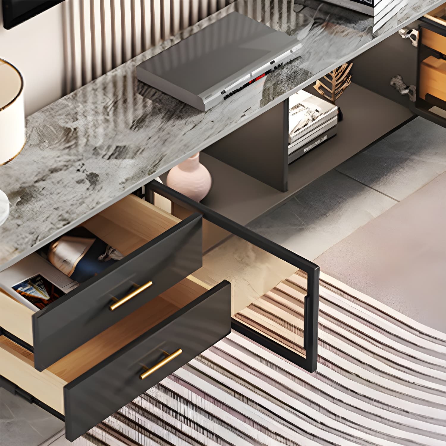 Stone Top Media Console Contemporary TV Media Stand with Metal Legs thumbnail 9