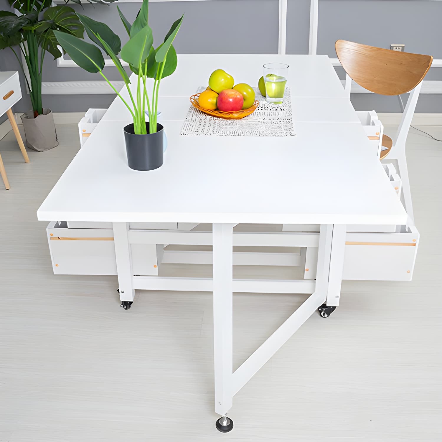 Modern Birch Wood Drop Leaf Rectangle Kitchen & Dining Table with Pedestal Base and Storage Included thumbnail 13