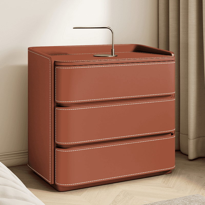 Contemporary 3 Tiers Genuine Leather Drawer Storage Bedside Table thumbnail 11