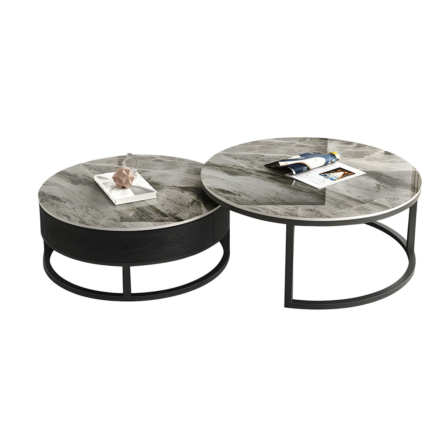 Set of 2 Round Stone Top Modern Nesting Tables with Black Metal Frames and Drawers Included thumbnail 9